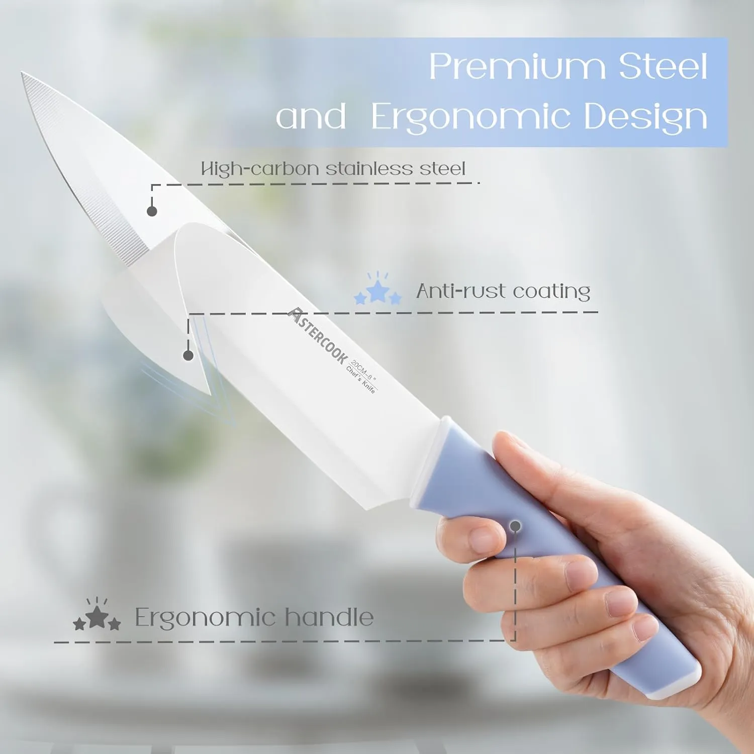 Astercook Kitchen Knife Set with Block and Sharpener 15 Piece Ceramic Coating German High Carbon Stainless Steel Knives Sharp Blade Dishwasher Safe Knife Block Set with Ergonomic Handle, Delicate Blue