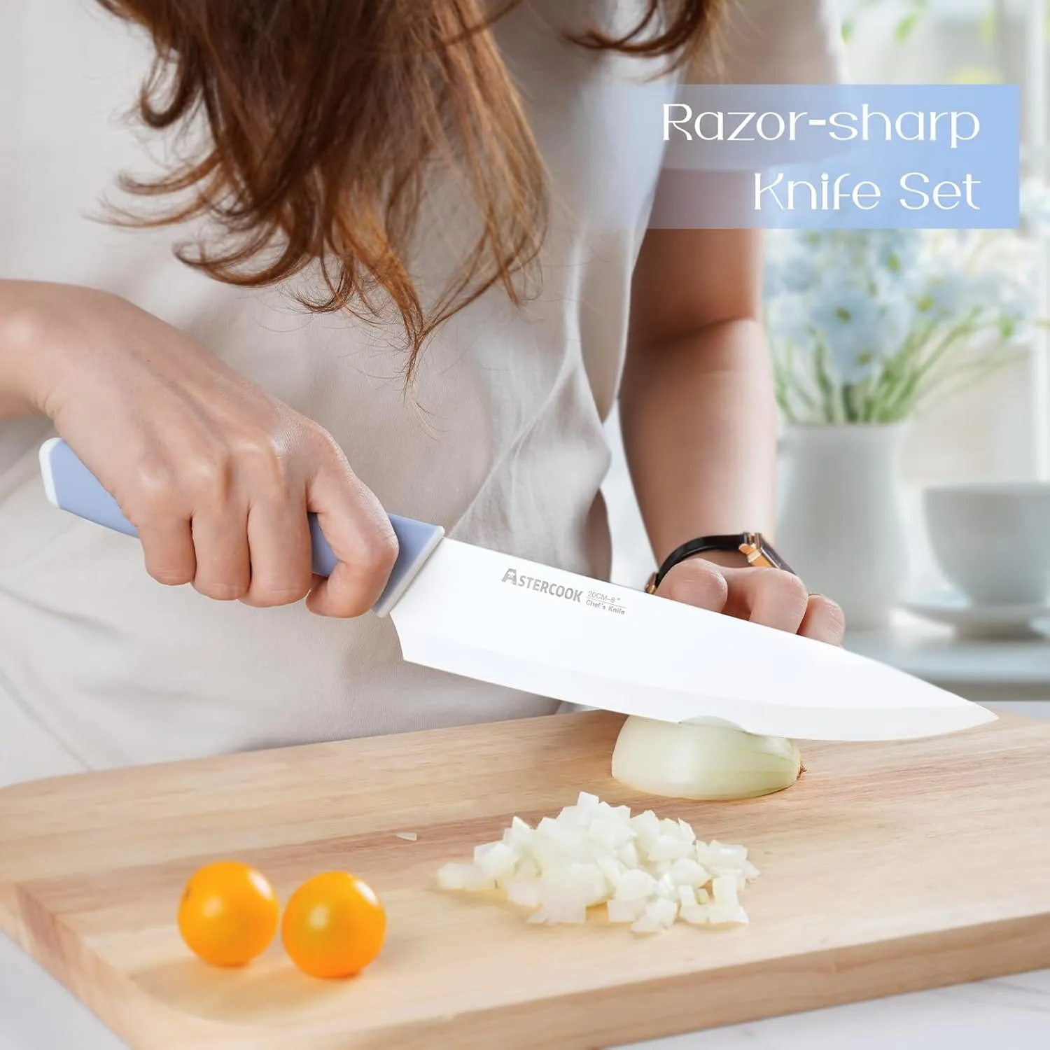Astercook Kitchen Knife Set with Block and Sharpener 15 Piece Ceramic Coating German High Carbon Stainless Steel Knives Sharp Blade Dishwasher Safe Knife Block Set with Ergonomic Handle, Delicate Blue