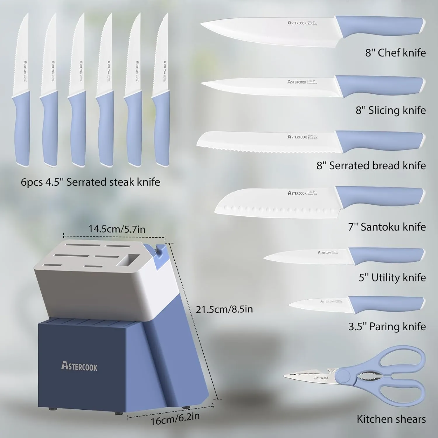 Astercook Kitchen Knife Set with Block and Sharpener 15 Piece Ceramic Coating German High Carbon Stainless Steel Knives Sharp Blade Dishwasher Safe Knife Block Set with Ergonomic Handle, Delicate Blue