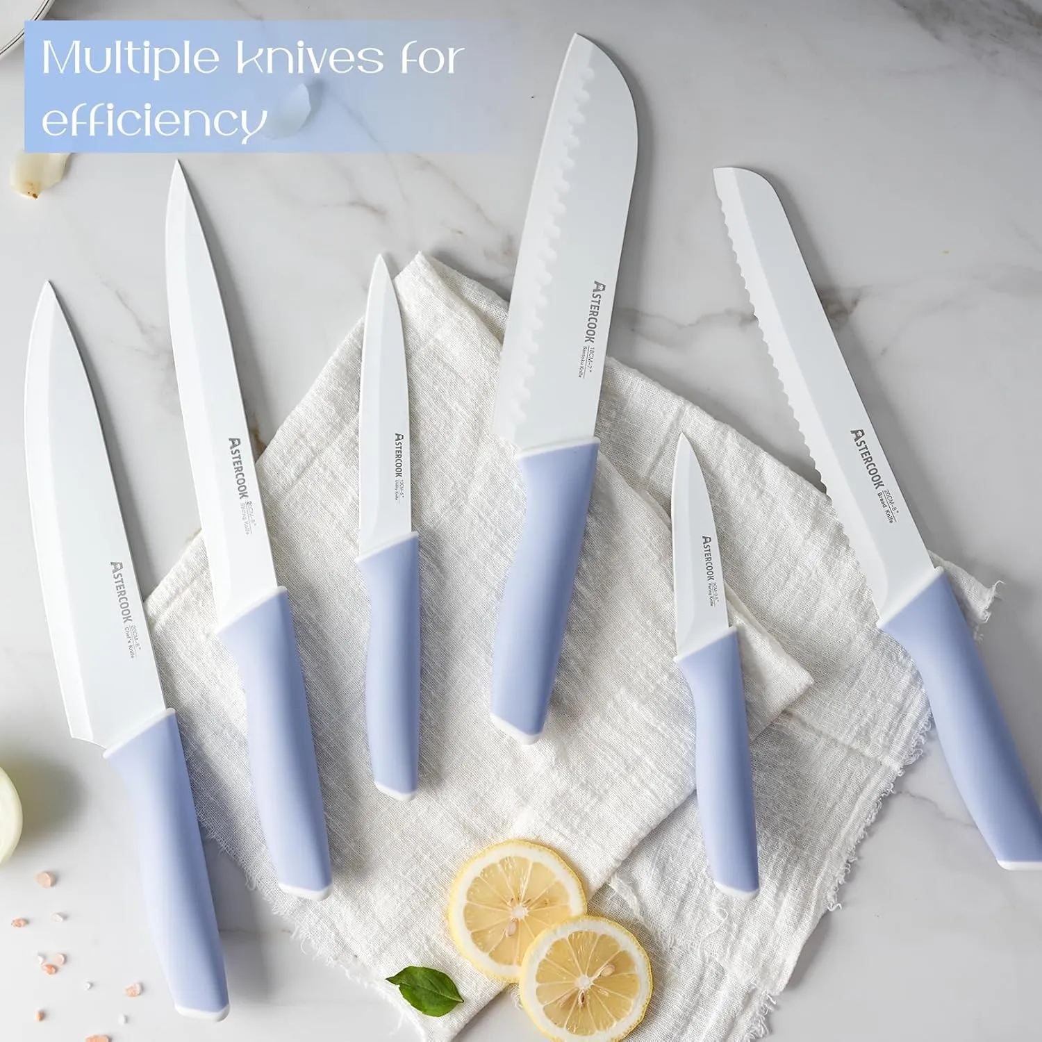 Astercook Kitchen Knife Set with Block and Sharpener 15 Piece Ceramic Coating German High Carbon Stainless Steel Knives Sharp Blade Dishwasher Safe Knife Block Set with Ergonomic Handle, Delicate Blue