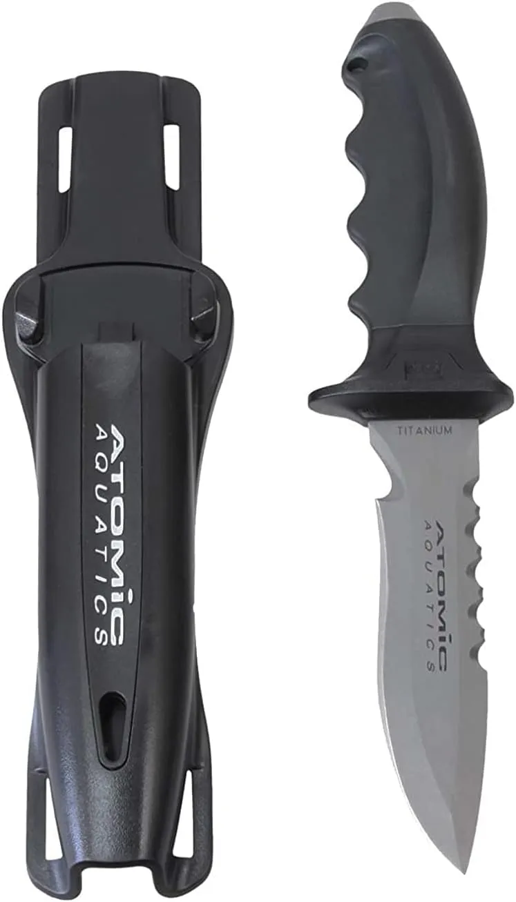 Atomic Aquatics Ti6 Titanium Durable Corrosion-Resistant Dive Knife with Lockable Sheath and Quick-Adjust Straps for Scuba Diving, Snorkeling