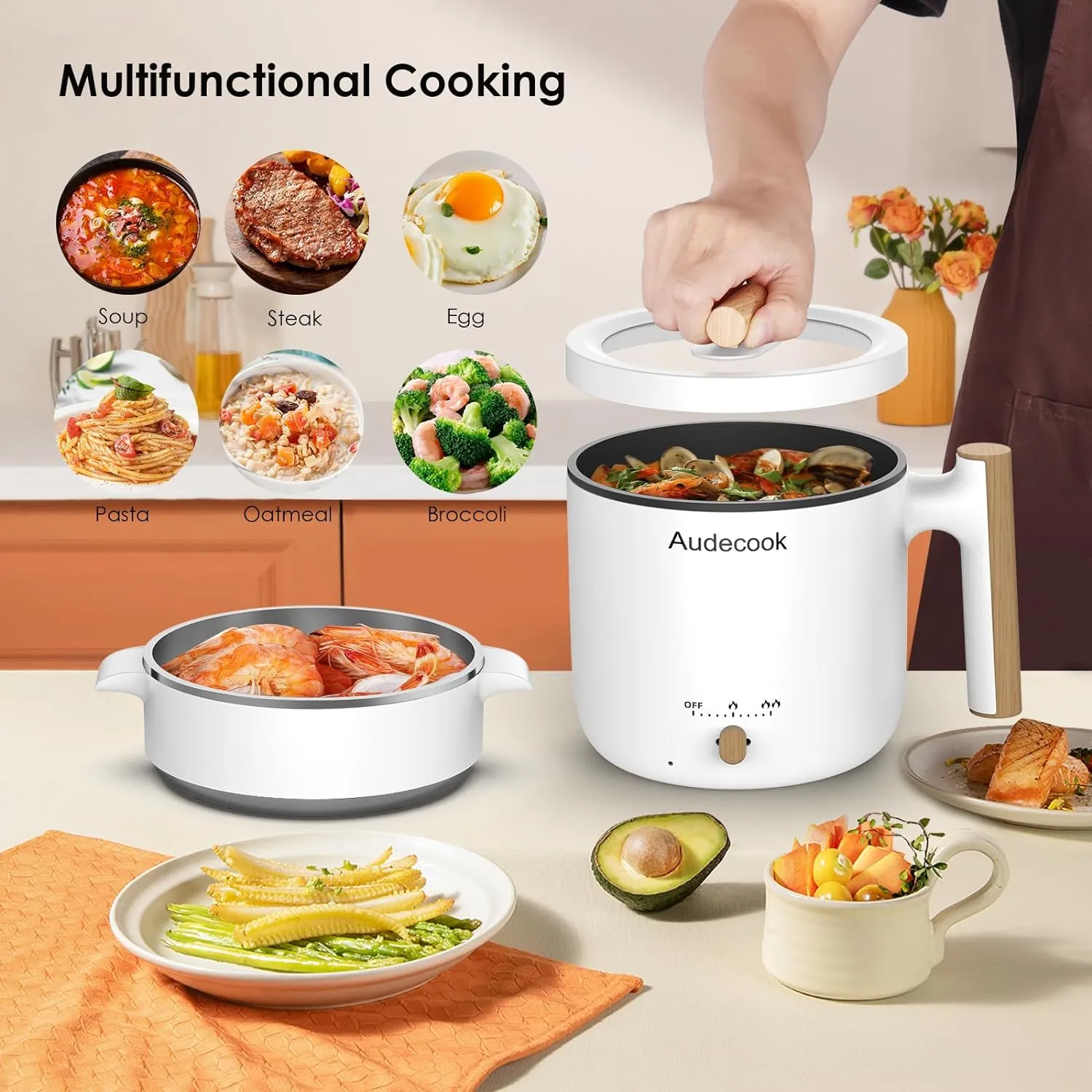 Audecook Hot Pot Electric with Steamer, 1.8L Portable Mini Travel Cooker, Multifunctional Non-Stick Electric Skillet for Stir Fry/Stew/Steam, Perfect for Ramen Noodles/Pasta/Egg/Soup/Oatmeal (White)