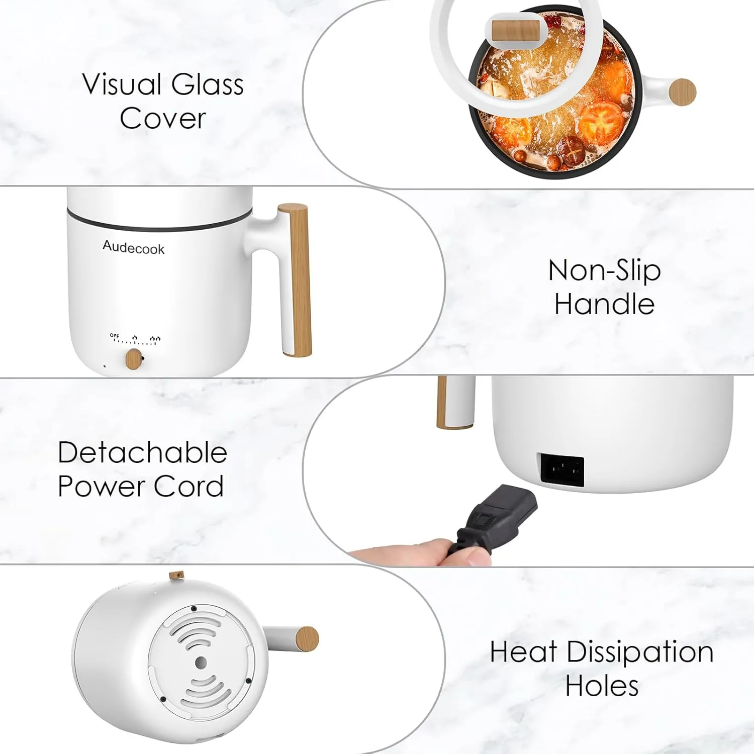 Audecook Hot Pot Electric with Steamer, 1.8L Portable Mini Travel Cooker, Multifunctional Non-Stick Electric Skillet for Stir Fry/Stew/Steam, Perfect for Ramen Noodles/Pasta/Egg/Soup/Oatmeal (White)