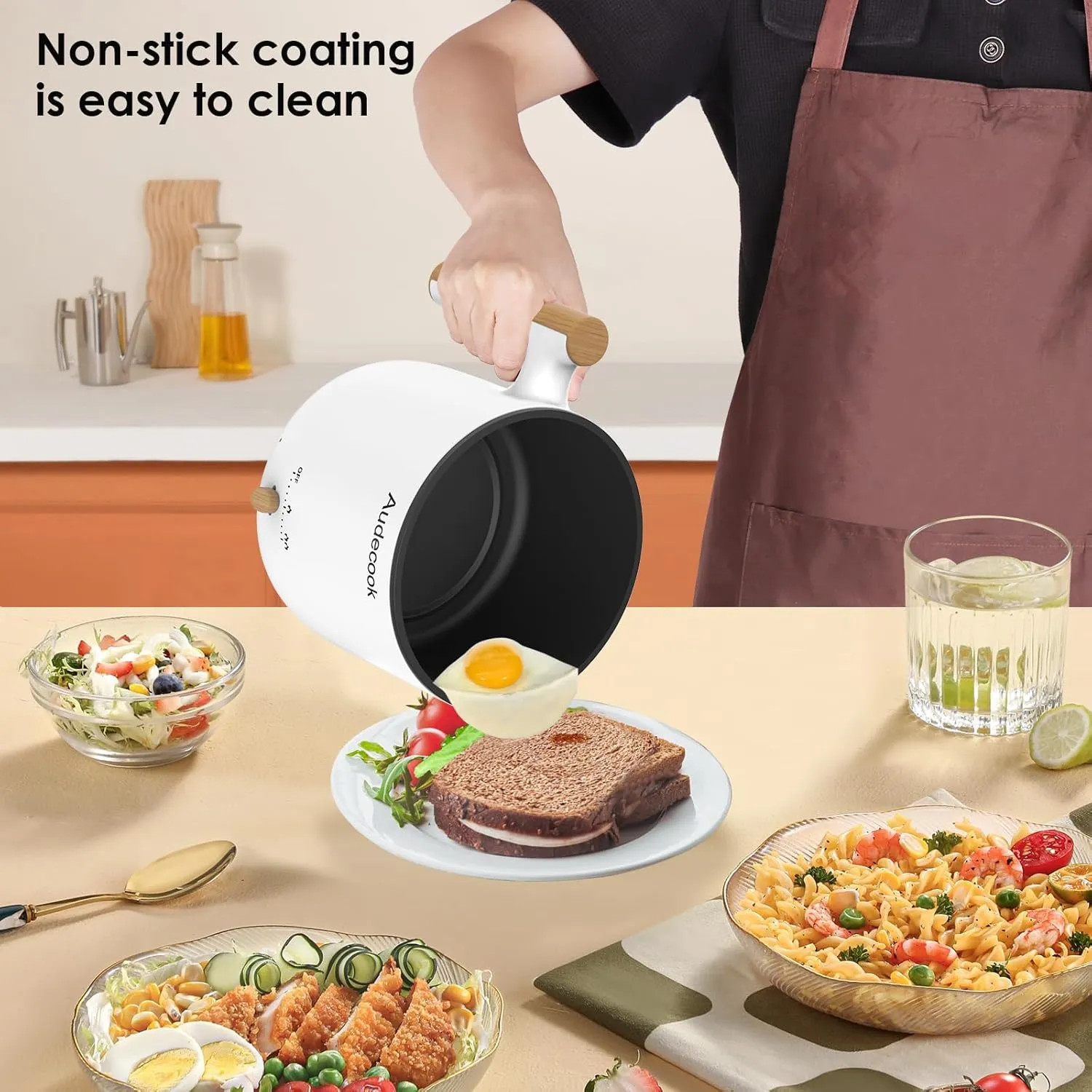 Audecook Hot Pot Electric with Steamer, 1.8L Portable Mini Travel Cooker, Multifunctional Non-Stick Electric Skillet for Stir Fry/Stew/Steam, Perfect for Ramen Noodles/Pasta/Egg/Soup/Oatmeal (White)
