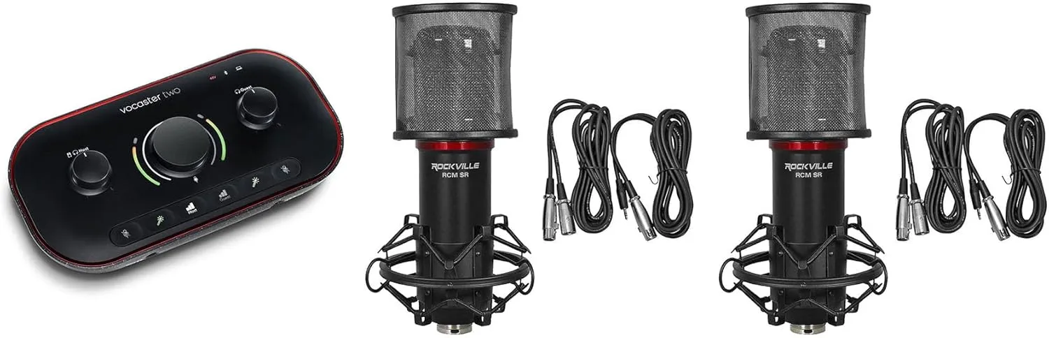 Audiosavings Bundle: (1) Focusrite Vocaster Two USB-C Audio Interface Bundle with (2) Rockville RCM SR Studio/Recording Condenser Microphone Mic w/Samsung Capacitors (3 Items)