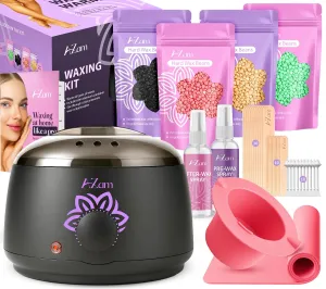 AZAM All-in-one At Home Waxing Kit for Hair removal,Wax pot Waxing Professiona 4 Pack Hard Beads Silicone Bowl 2 Treatment Oils Wax Kit Accessories Warmer for Full Body