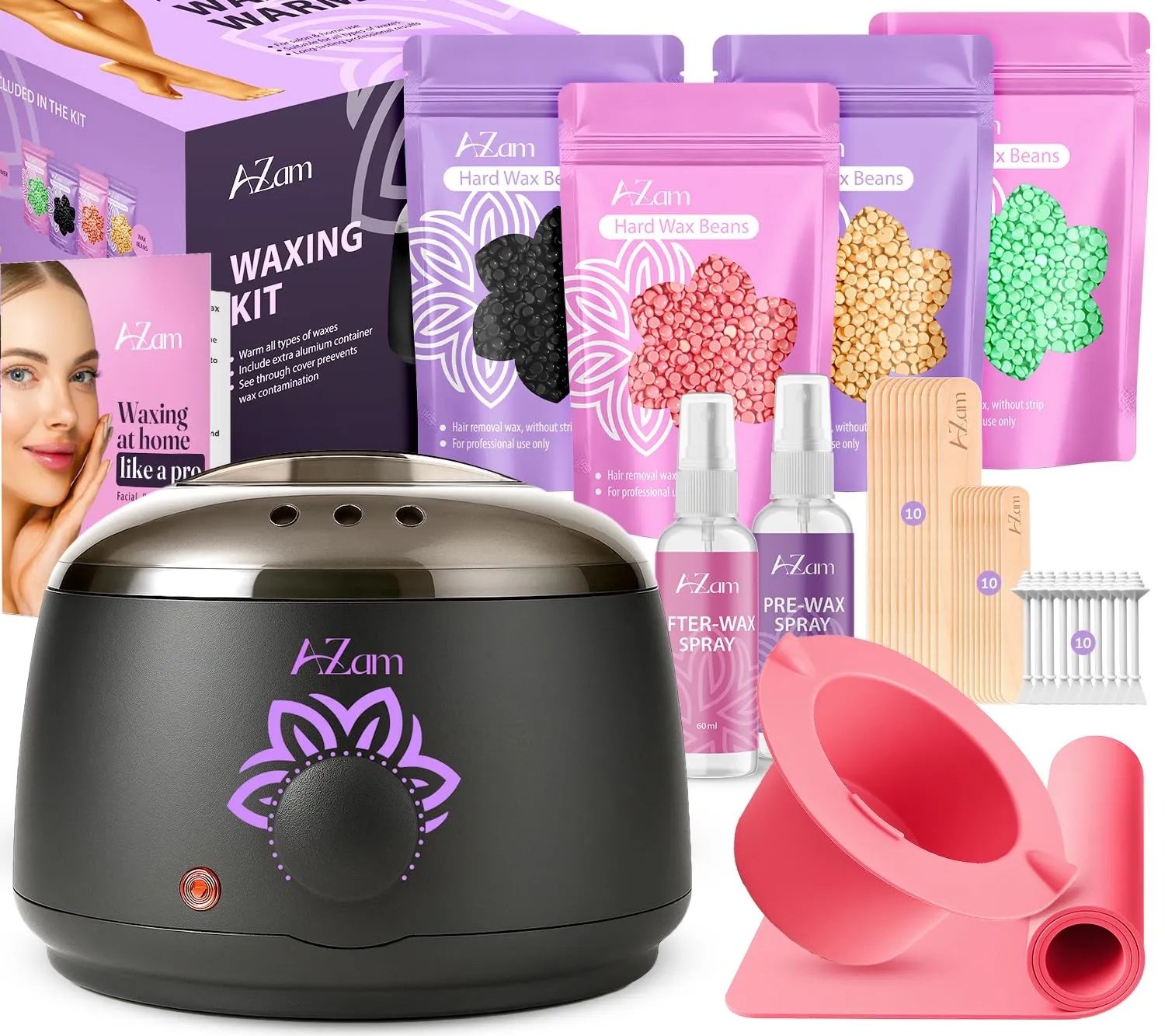 AZAM All-in-one At Home Waxing Kit for Hair removal,Wax pot Waxing Professiona 4 Pack Hard Beads Silicone Bowl 2 Treatment Oils Wax Kit Accessories Warmer for Full Body