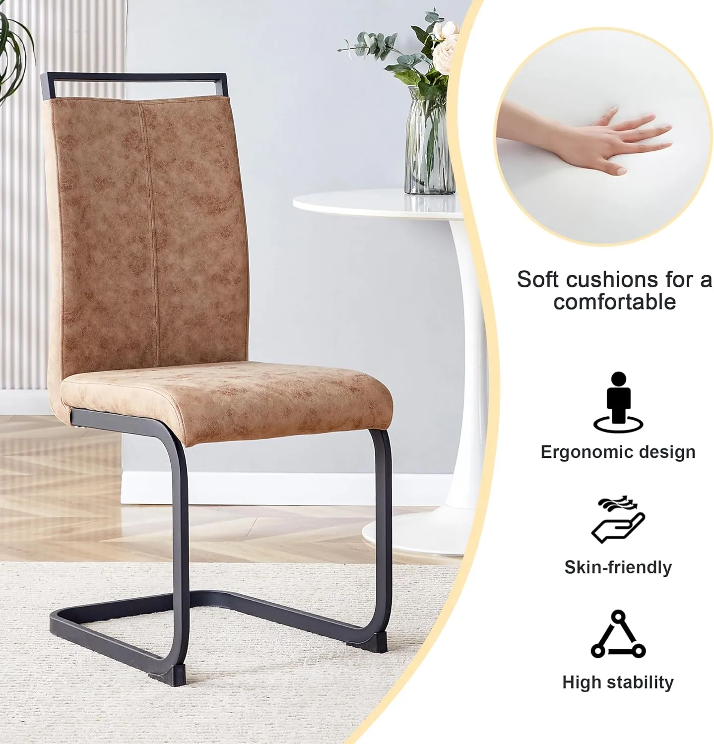 AZmac Modern Dining Chairs Set of 4,Armless Kitchen Chairs,Dining Room Chairs with Upholstered Padded Seat and Sturdy Black Legs for Dining Room,Kitchen (Set of 4, Brown-Black Leg)