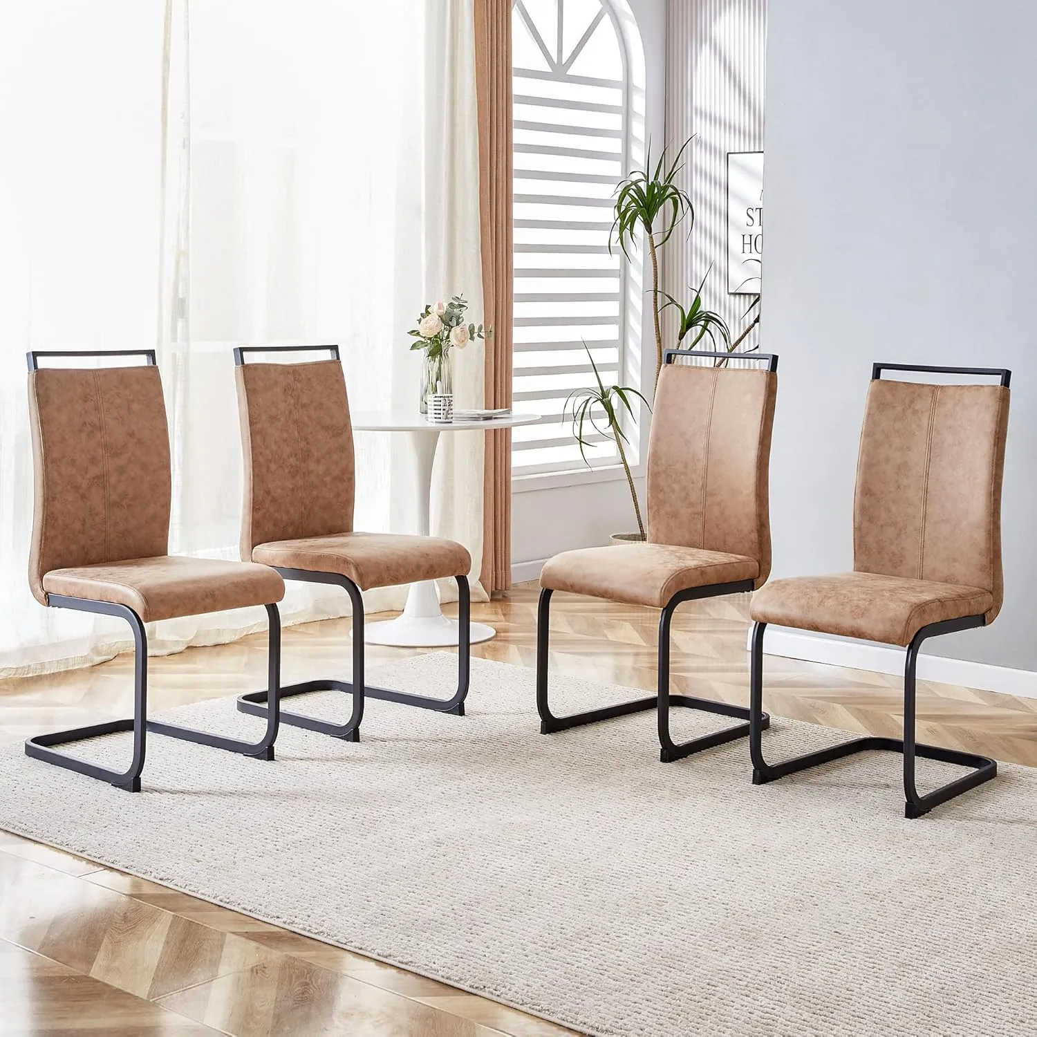 AZmac Modern Dining Chairs Set of 4,Armless Kitchen Chairs,Dining Room Chairs with Upholstered Padded Seat and Sturdy Black Legs for Dining Room,Kitchen (Set of 4, Brown-Black Leg)