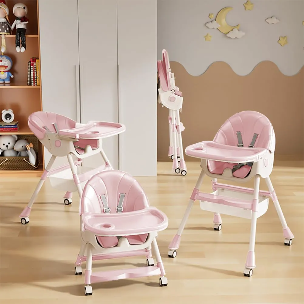 Baby High Chair, 5 in 1 High Chairs for Babies and Toddlers, Travel Foldable High Chair with Foot Rest, Detachable PU Cushion, Double Removable Tray, Adjustable Height & Recline, Locking Wheels