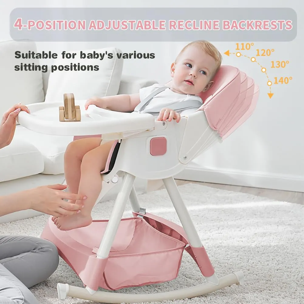 Baby High Chair, 5 in 1 High Chairs for Babies and Toddlers, Travel Foldable High Chair with Foot Rest, Detachable PU Cushion, Double Removable Tray, Adjustable Height & Recline, Locking Wheels
