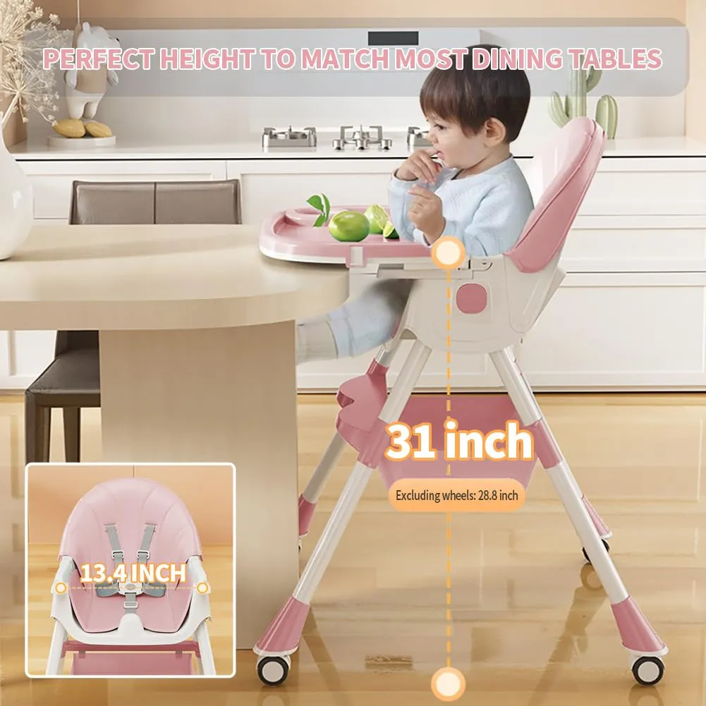 Baby High Chair, 5 in 1 High Chairs for Babies and Toddlers, Travel Foldable High Chair with Foot Rest, Detachable PU Cushion, Double Removable Tray, Adjustable Height & Recline, Locking Wheels