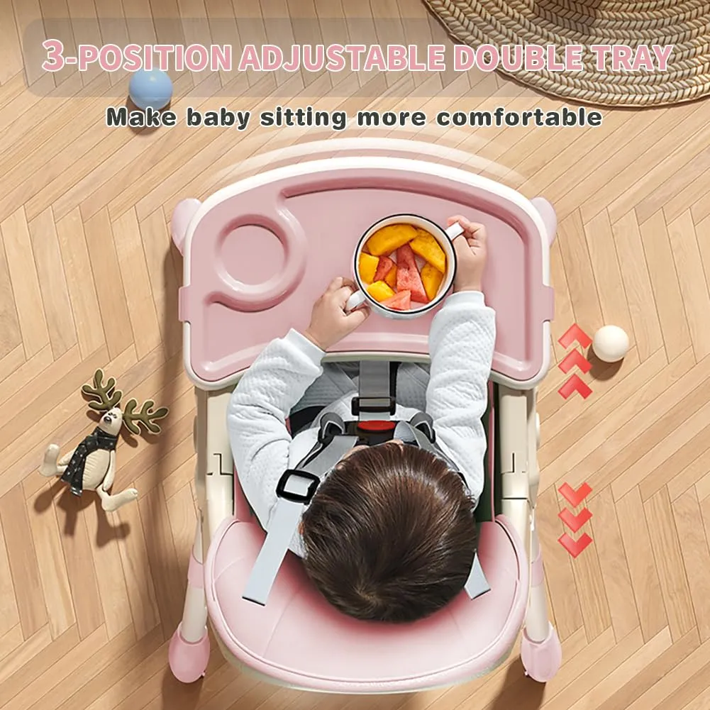 Baby High Chair, 5 in 1 High Chairs for Babies and Toddlers, Travel Foldable High Chair with Foot Rest, Detachable PU Cushion, Double Removable Tray, Adjustable Height & Recline, Locking Wheels