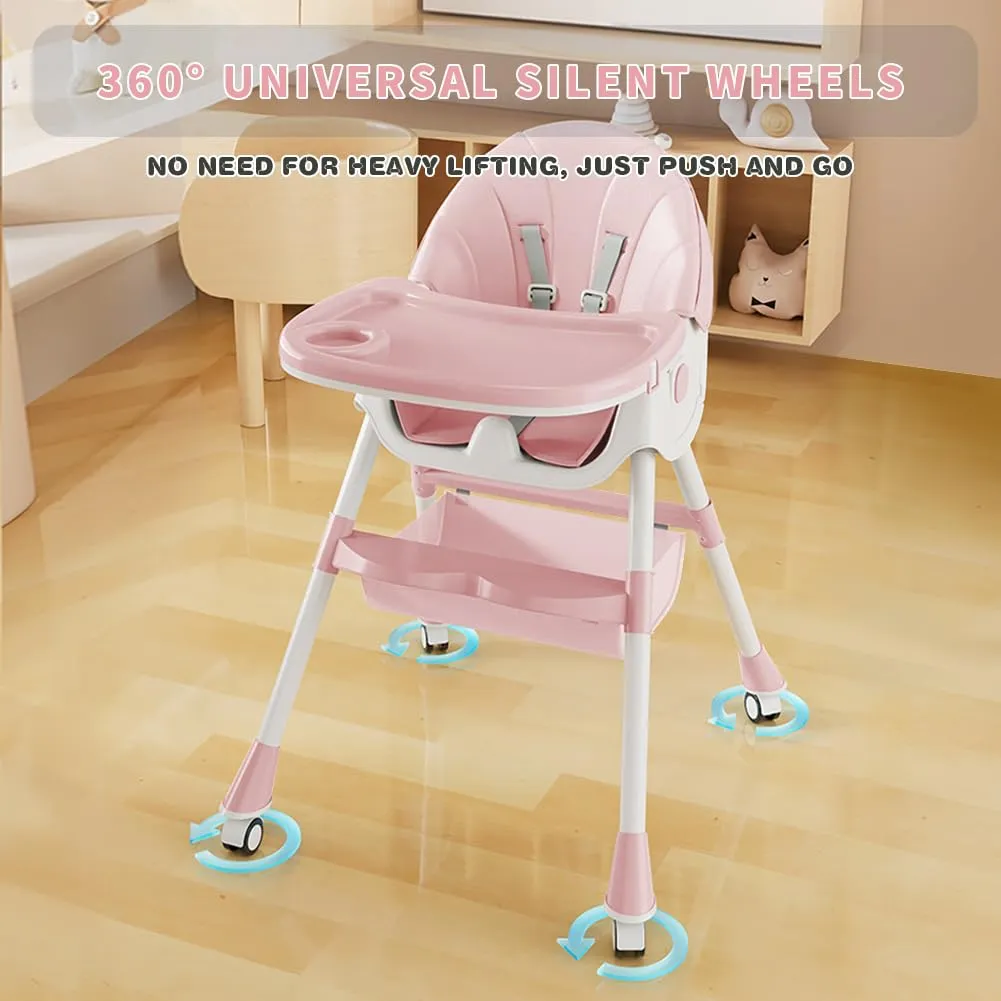 Baby High Chair, 5 in 1 High Chairs for Babies and Toddlers, Travel Foldable High Chair with Foot Rest, Detachable PU Cushion, Double Removable Tray, Adjustable Height & Recline, Locking Wheels