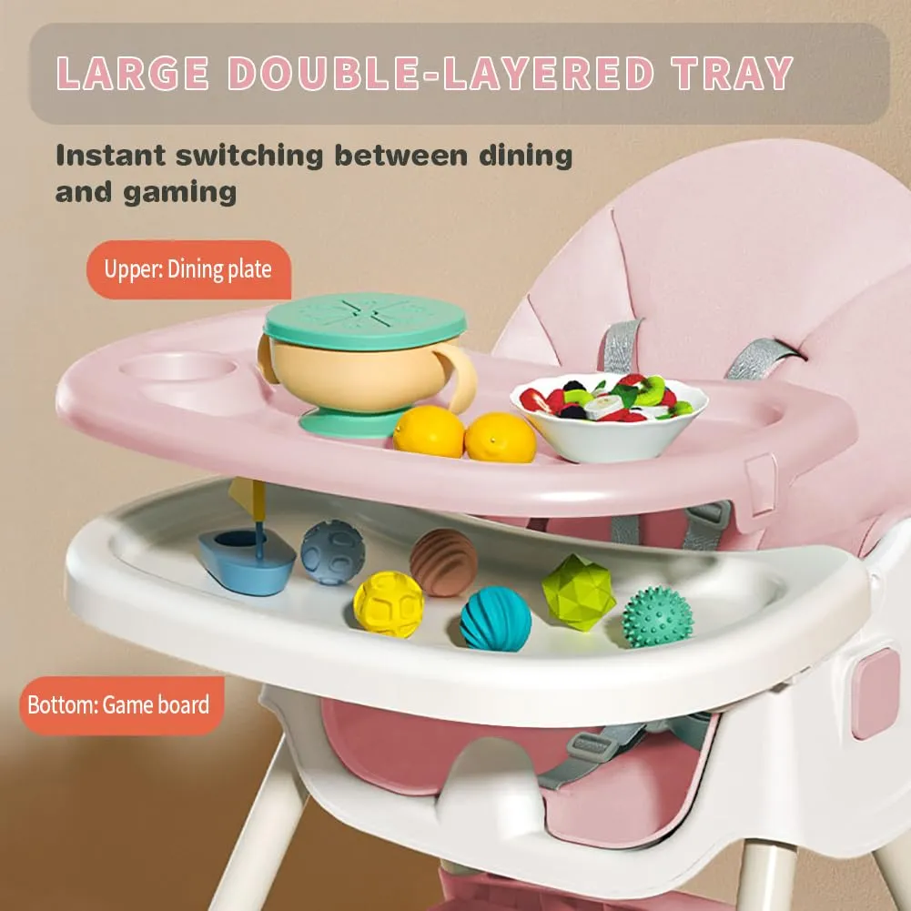 Baby High Chair, 5 in 1 High Chairs for Babies and Toddlers, Travel Foldable High Chair with Foot Rest, Detachable PU Cushion, Double Removable Tray, Adjustable Height & Recline, Locking Wheels