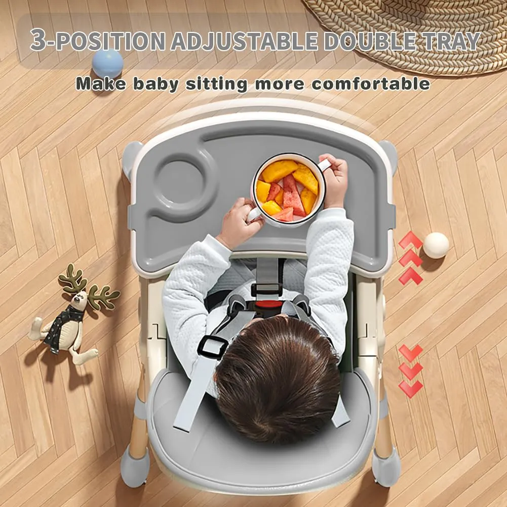 Baby High Chair, 5 in 1 High Chairs for Babies and Toddlers, Travel Foldable High Chair with Foot Rest, Detachable PU Cushion, Double Removable Tray, Adjustable Height (Wood Grain, Solid)