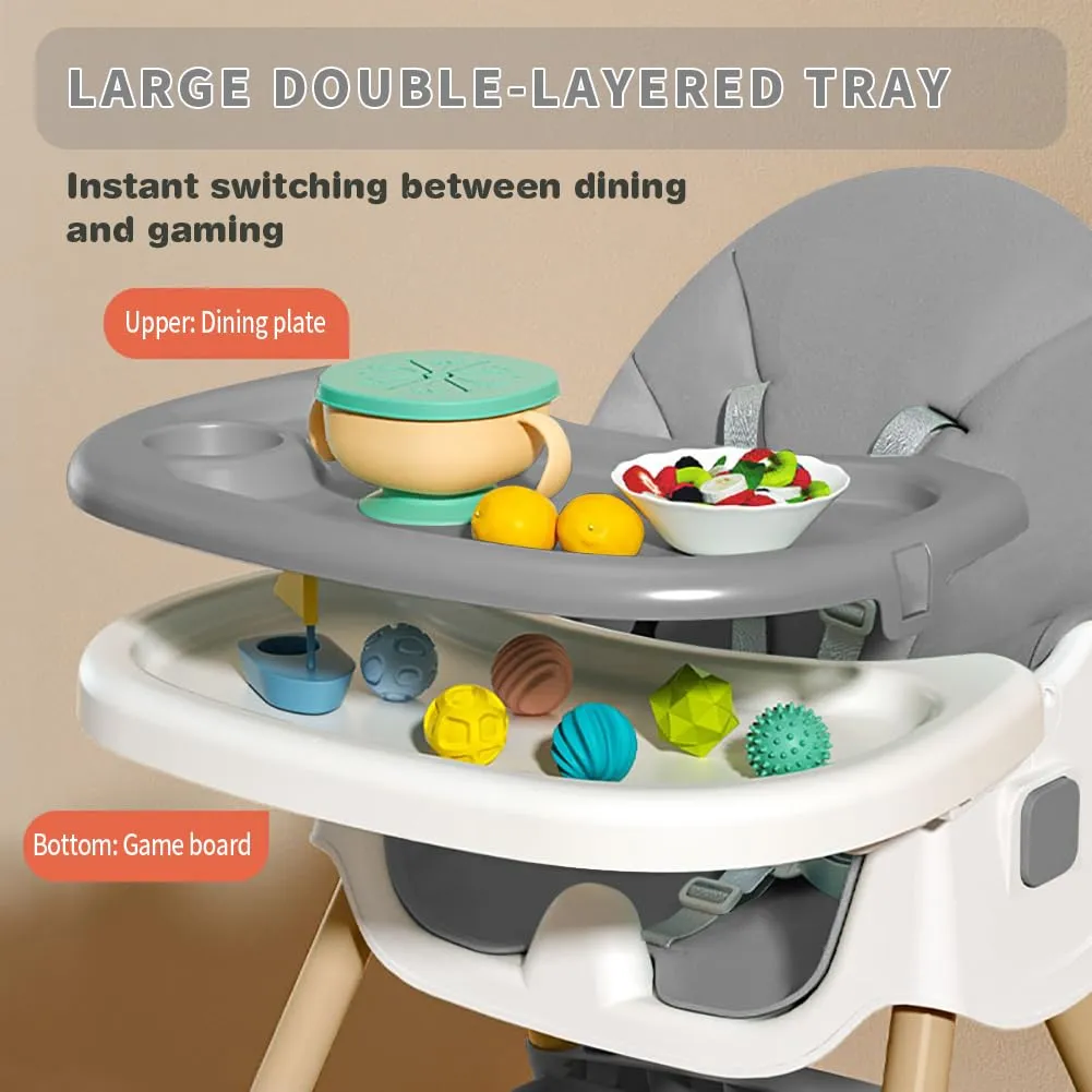 Baby High Chair, 5 in 1 High Chairs for Babies and Toddlers, Travel Foldable High Chair with Foot Rest, Detachable PU Cushion, Double Removable Tray, Adjustable Height (Wood Grain, Solid)