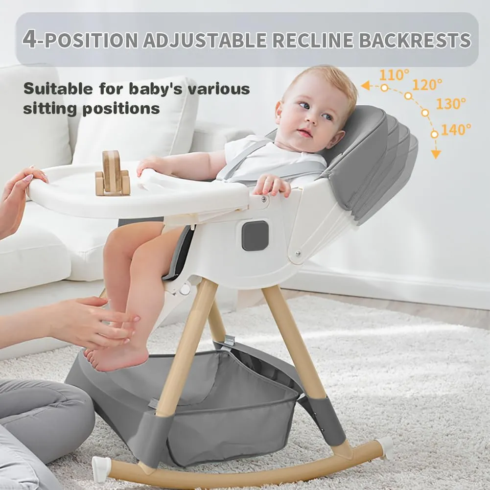 Baby High Chair, 5 in 1 High Chairs for Babies and Toddlers, Travel Foldable High Chair with Foot Rest, Detachable PU Cushion, Double Removable Tray, Adjustable Height (Wood Grain, Solid)