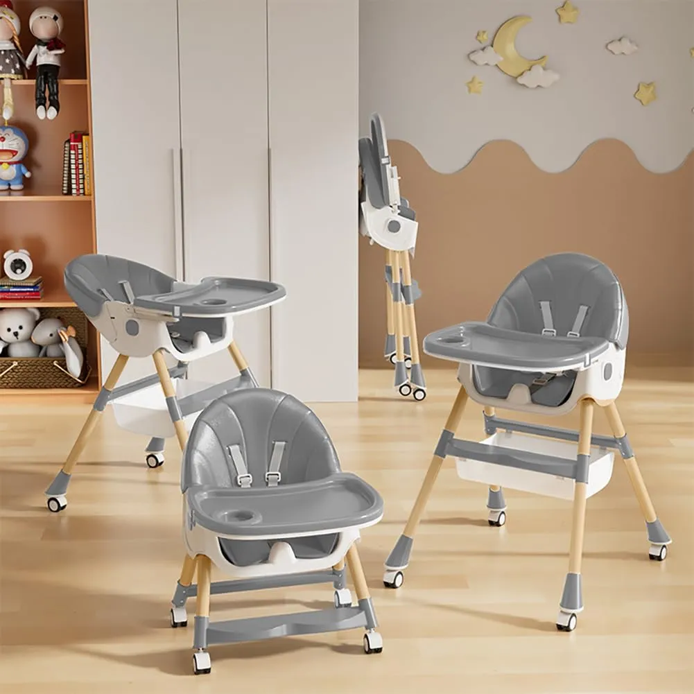Baby High Chair, 5 in 1 High Chairs for Babies and Toddlers, Travel Foldable High Chair with Foot Rest, Detachable PU Cushion, Double Removable Tray, Adjustable Height (Wood Grain, Solid)