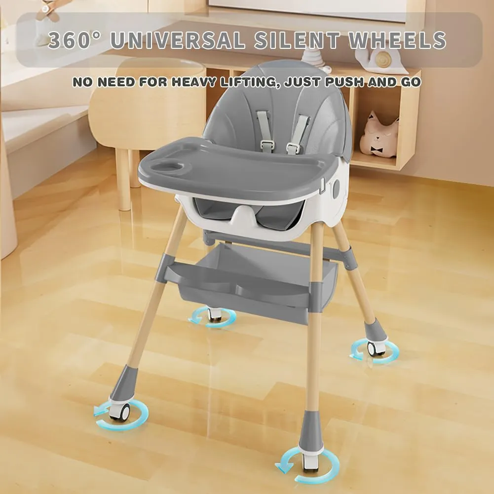 Baby High Chair, 5 in 1 High Chairs for Babies and Toddlers, Travel Foldable High Chair with Foot Rest, Detachable PU Cushion, Double Removable Tray, Adjustable Height (Wood Grain, Solid)