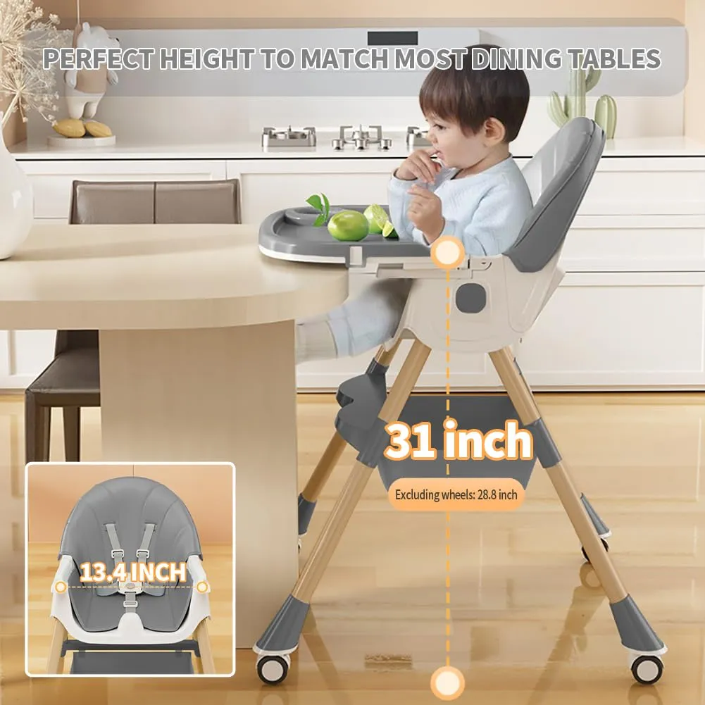 Baby High Chair, 5 in 1 High Chairs for Babies and Toddlers, Travel Foldable High Chair with Foot Rest, Detachable PU Cushion, Double Removable Tray, Adjustable Height (Wood Grain, Solid)