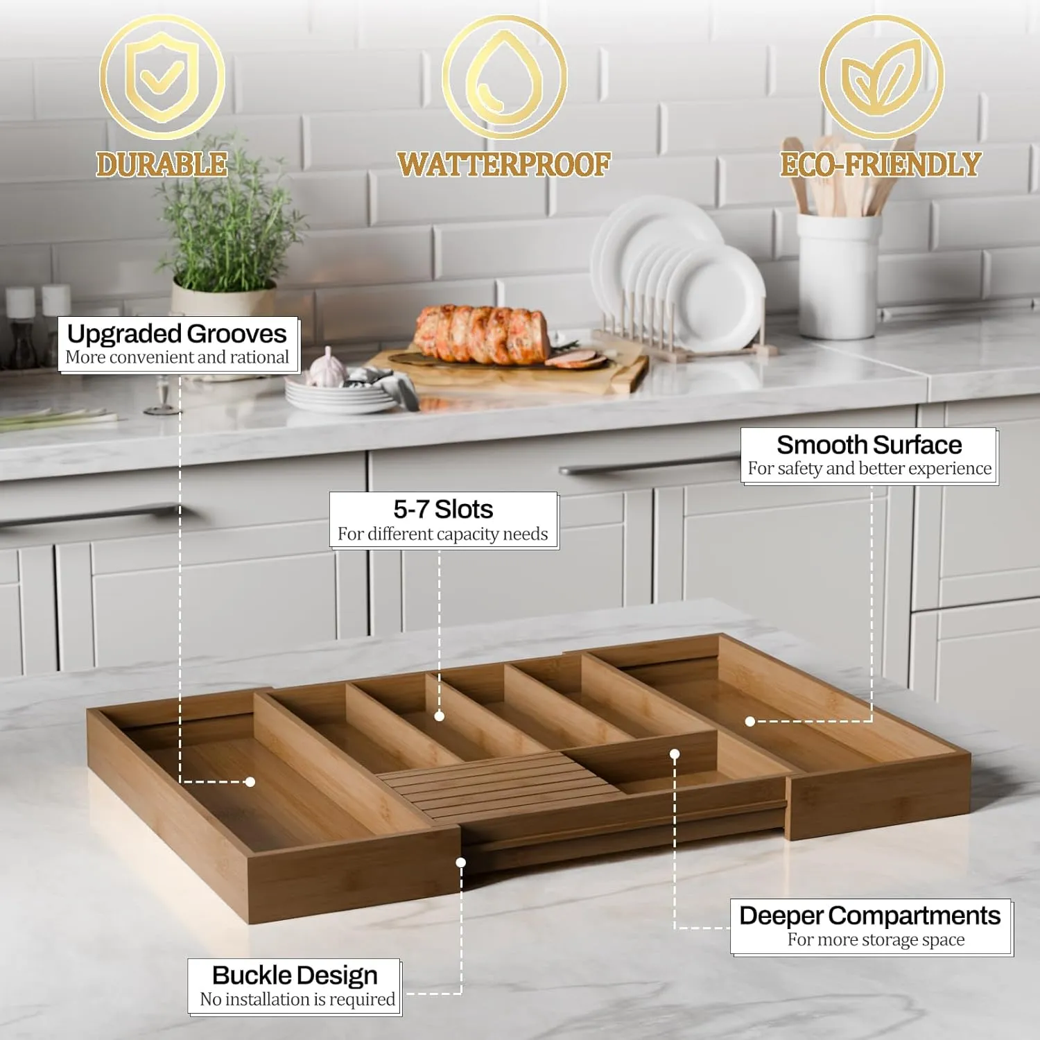 Bamboo Kitchen Silverware Drawer Organizer - Expandable Wood Utensil Holder with Dividers, Luxury Cutlery Storage Tray for Kitchen Utensil and Flatware (5-7 Slots with Removable Knife Block, Walnut)