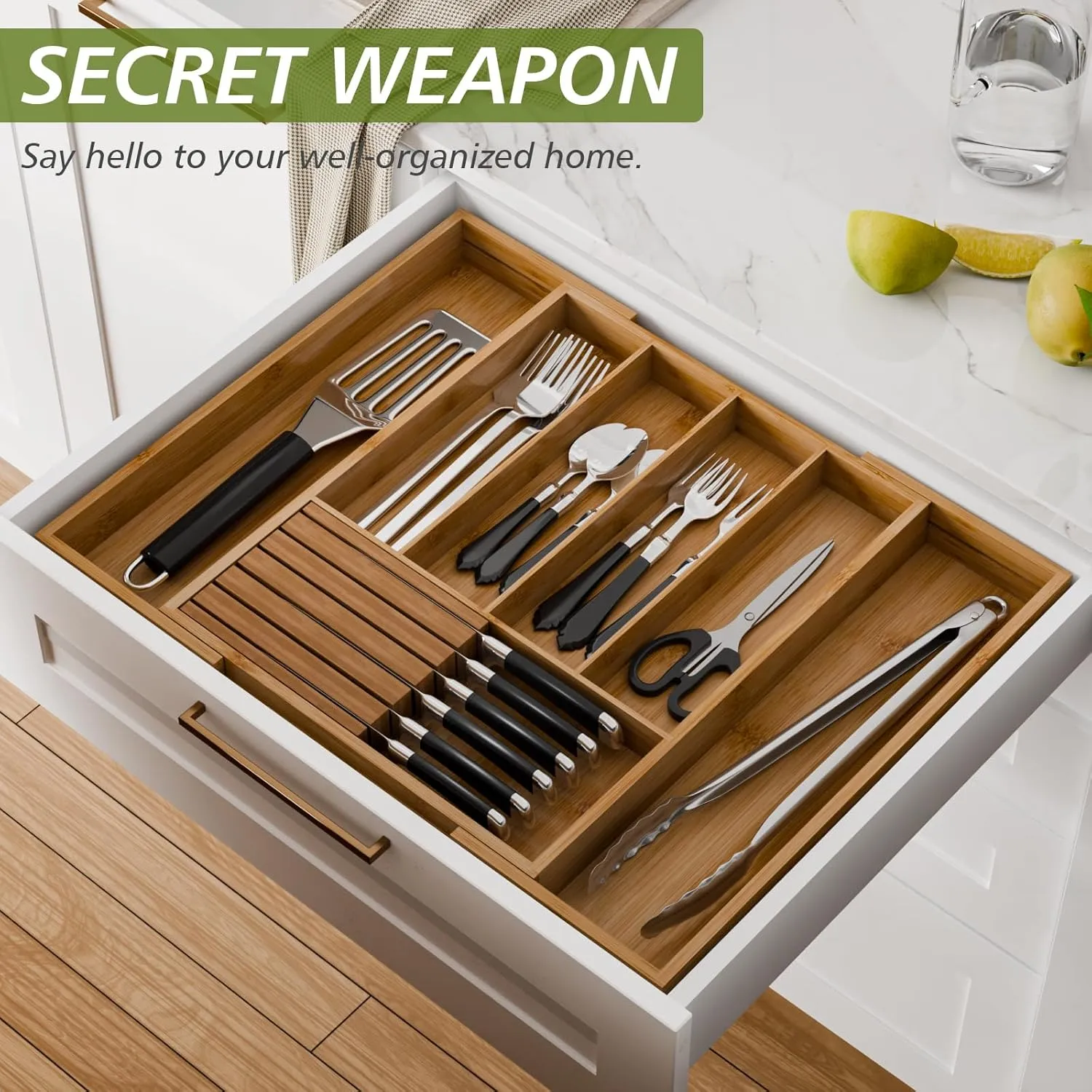 Bamboo Kitchen Silverware Drawer Organizer - Expandable Wood Utensil Holder with Dividers, Luxury Cutlery Storage Tray for Kitchen Utensil and Flatware (5-7 Slots with Removable Knife Block, Walnut)