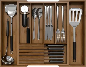 Bamboo Kitchen Silverware Drawer Organizer - Expandable Wood Utensil Holder with Dividers, Luxury Cutlery Storage Tray for Kitchen Utensil and Flatware (5-7 Slots with Removable Knife Block, Walnut)