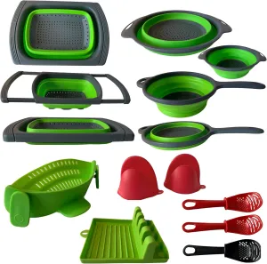 BaraBara 10 pcs Silicone Telescopic Collapsible Strainers with Handles, Foldable Bowl, Clip on Drainer. Green Spoon Rest, 3 ladle Masher Spoons. Silicone Gloves Heat Resistant Bundle Cooking Set.