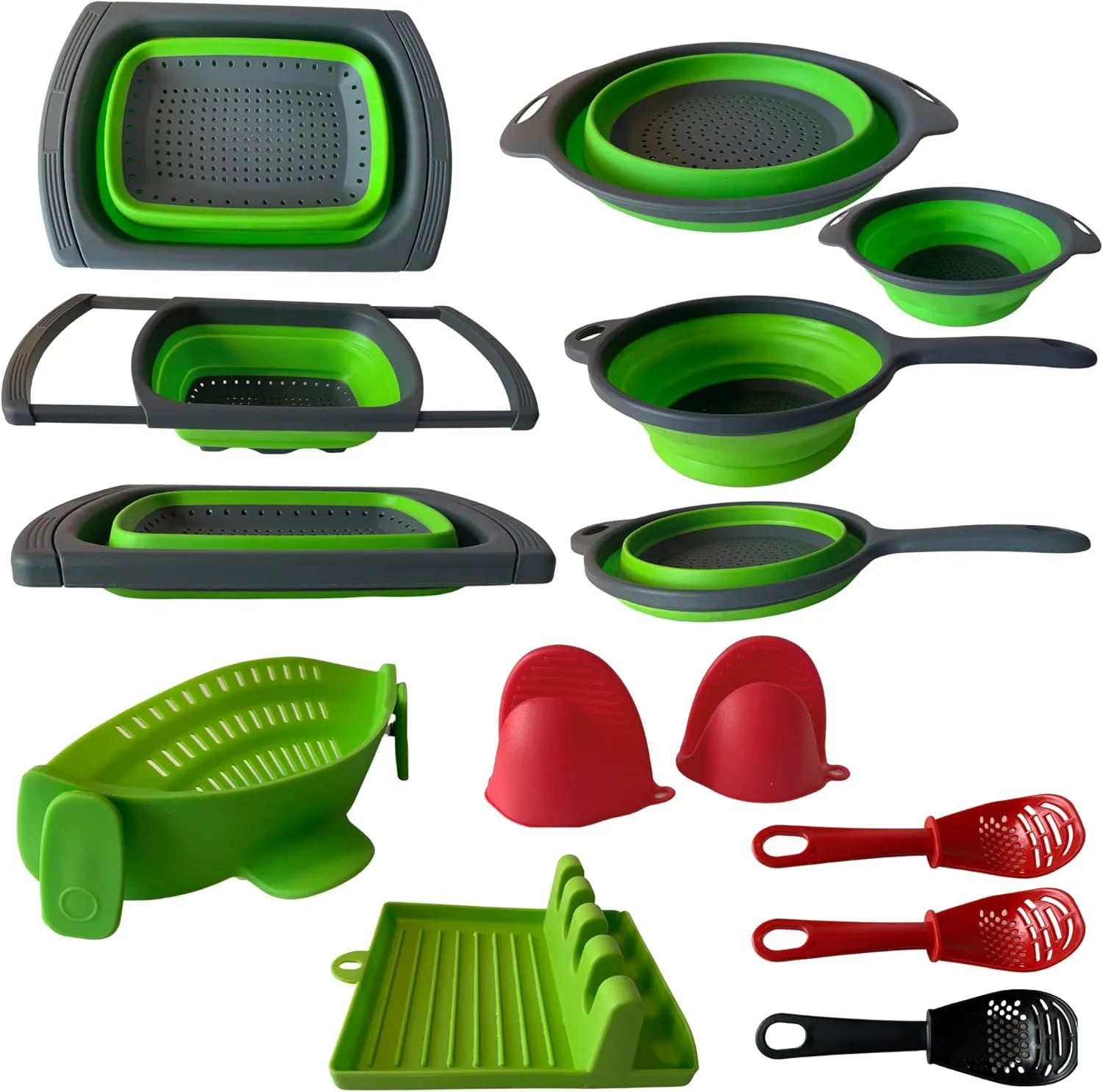BaraBara 10 pcs Silicone Telescopic Collapsible Strainers with Handles, Foldable Bowl, Clip on Drainer. Green Spoon Rest, 3 ladle Masher Spoons. Silicone Gloves Heat Resistant Bundle Cooking Set.
