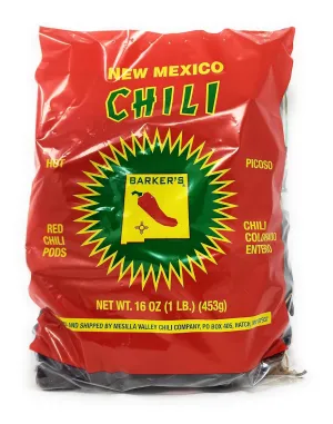Barkers Dried Red Chili Pods - Hot, 16 Ounces - Grown in World Famous Chili Region Hatch, NM - No Preservatives, USA Product!