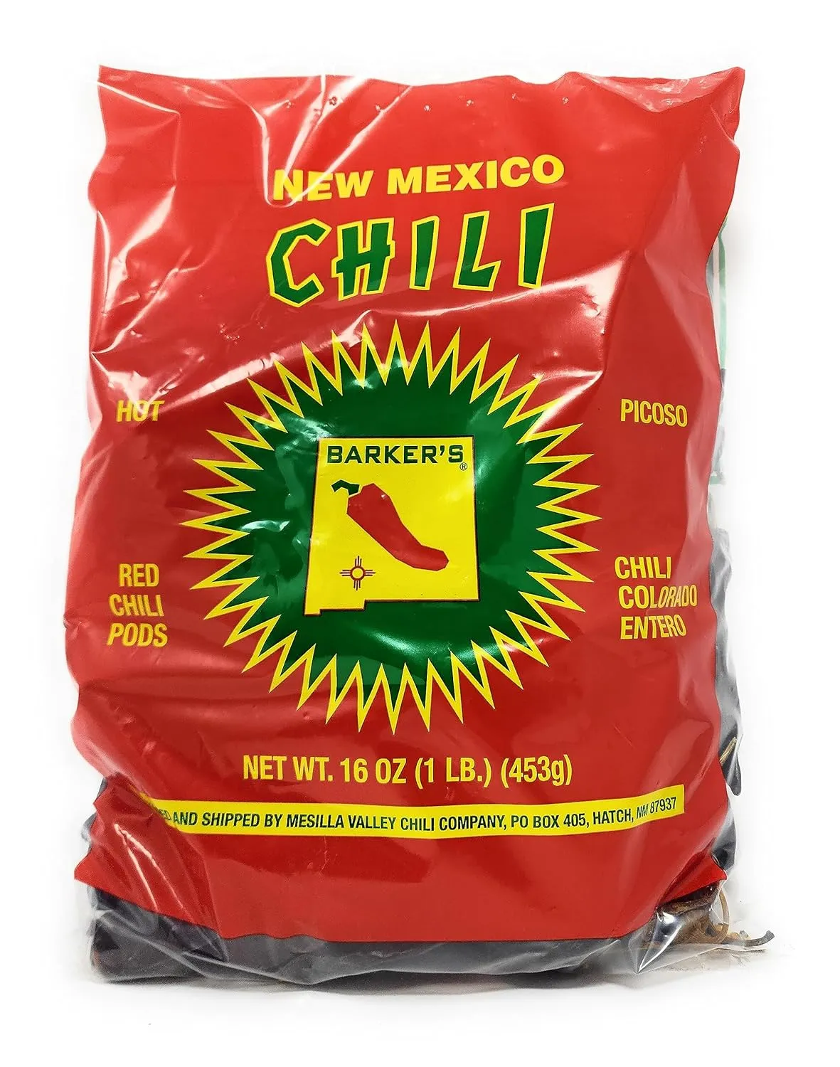 Barkers Dried Red Chili Pods - Hot, 16 Ounces - Grown in World Famous Chili Region Hatch, NM - No Preservatives, USA Product!
