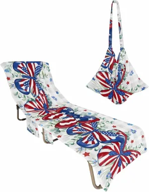 Beach Pool Patio Lounge Chaise Chair Cover Towel with Pockets,Patriotic Flower Absorbent & Quick Dry Microfiber Towel Cover Bag Summer Travel Accessories Buffalo Plaid Grey 4th of July Eucalyptus