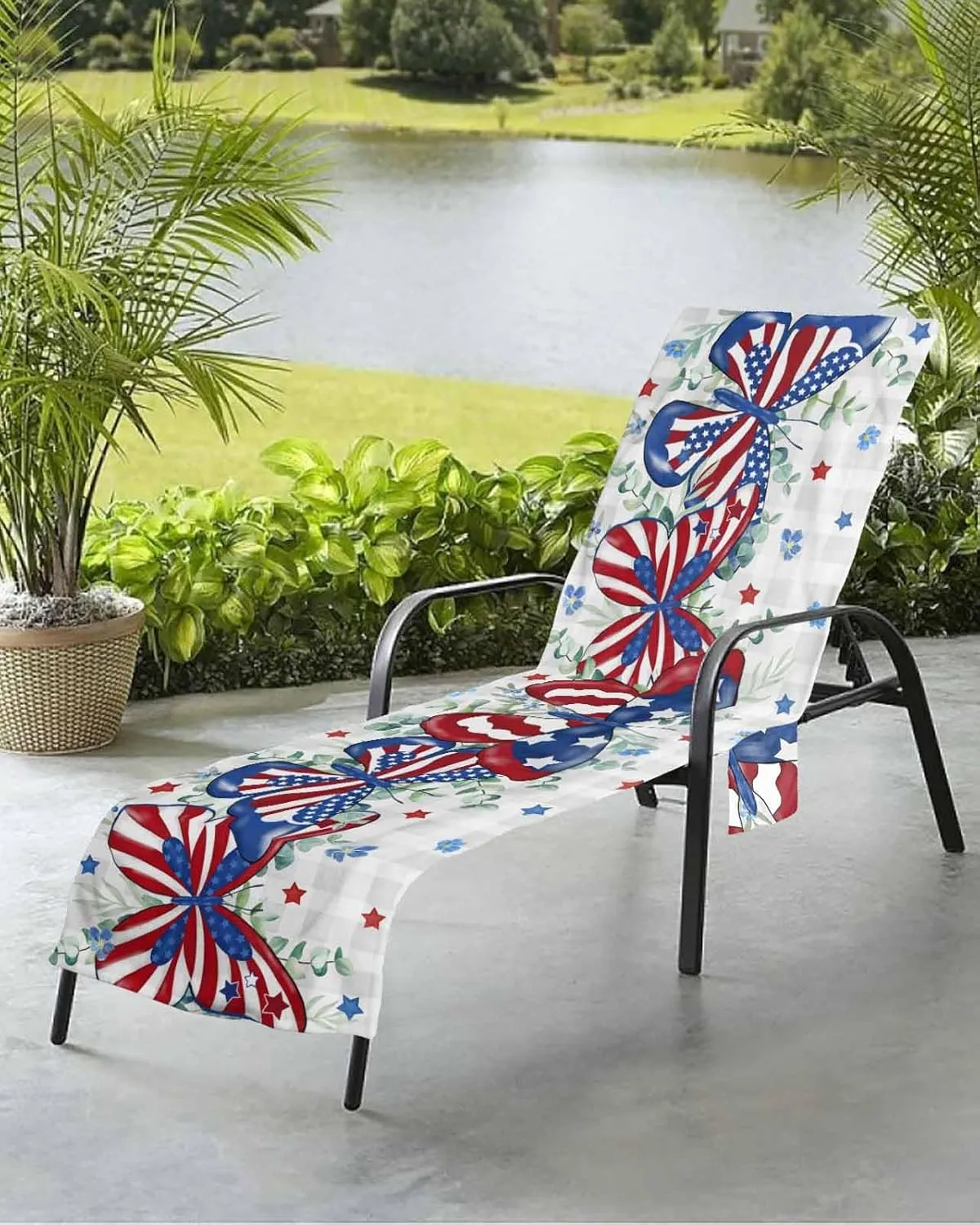 Beach Pool Patio Lounge Chaise Chair Cover Towel with Pockets,Patriotic Flower Absorbent & Quick Dry Microfiber Towel Cover Bag Summer Travel Accessories Buffalo Plaid Grey 4th of July Eucalyptus