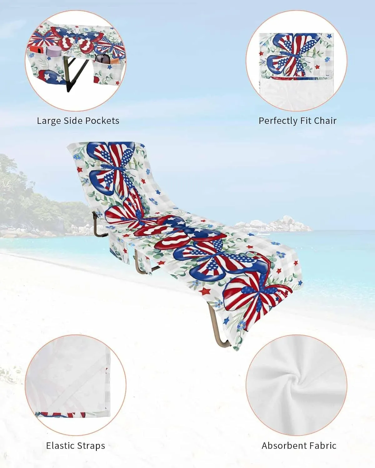 Beach Pool Patio Lounge Chaise Chair Cover Towel with Pockets,Patriotic Flower Absorbent & Quick Dry Microfiber Towel Cover Bag Summer Travel Accessories Buffalo Plaid Grey 4th of July Eucalyptus