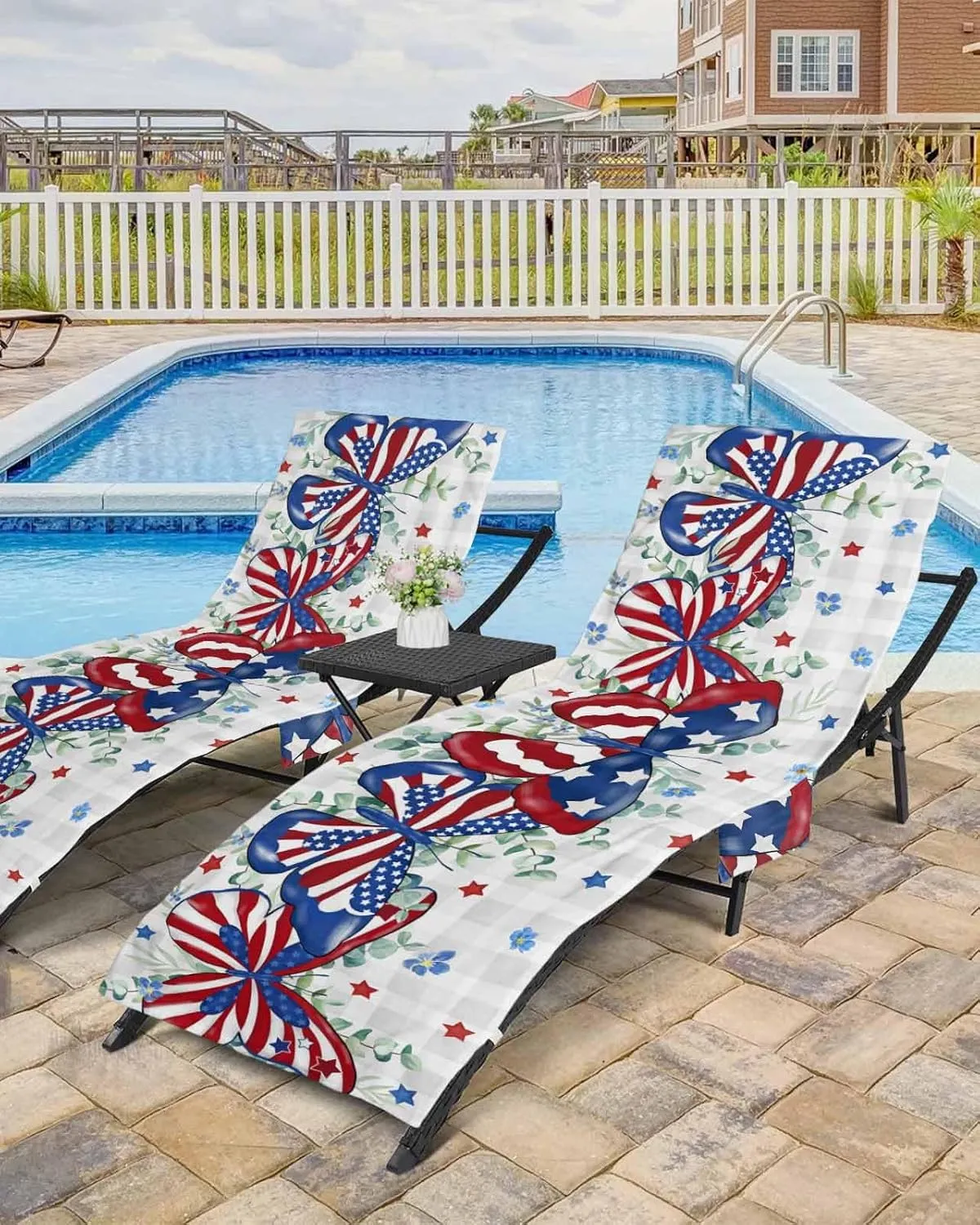 Beach Pool Patio Lounge Chaise Chair Cover Towel with Pockets,Patriotic Flower Absorbent & Quick Dry Microfiber Towel Cover Bag Summer Travel Accessories Buffalo Plaid Grey 4th of July Eucalyptus