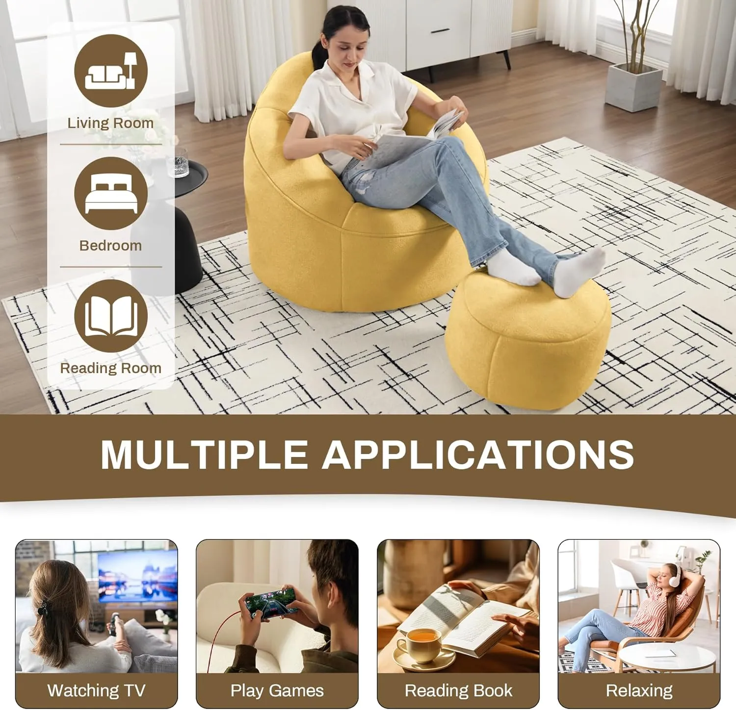 Bean Bag Sofa Chair with Ottoman, Comfy Microfiber Large Lazy Sofa with Footstool, Oversized Upholstered Fluffy Beanbag Chair with Memory Foam Filler for Living Room, Bedroom, Yellow