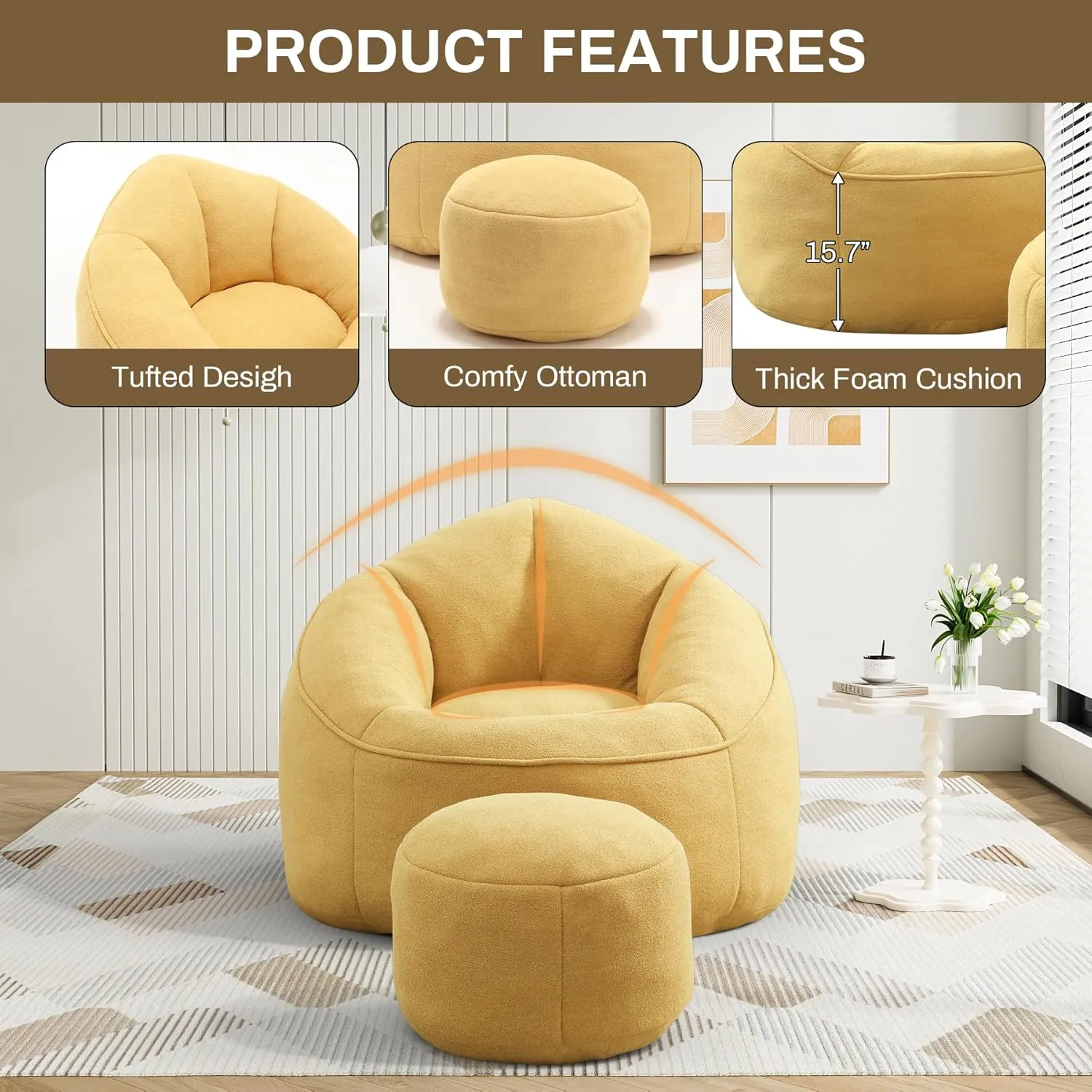 Bean Bag Sofa Chair with Ottoman, Comfy Microfiber Large Lazy Sofa with Footstool, Oversized Upholstered Fluffy Beanbag Chair with Memory Foam Filler for Living Room, Bedroom, Yellow