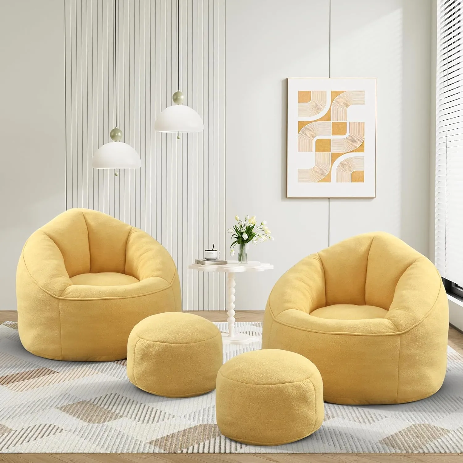 Bean Bag Sofa Chair with Ottoman, Comfy Microfiber Large Lazy Sofa with Footstool, Oversized Upholstered Fluffy Beanbag Chair with Memory Foam Filler for Living Room, Bedroom, Yellow