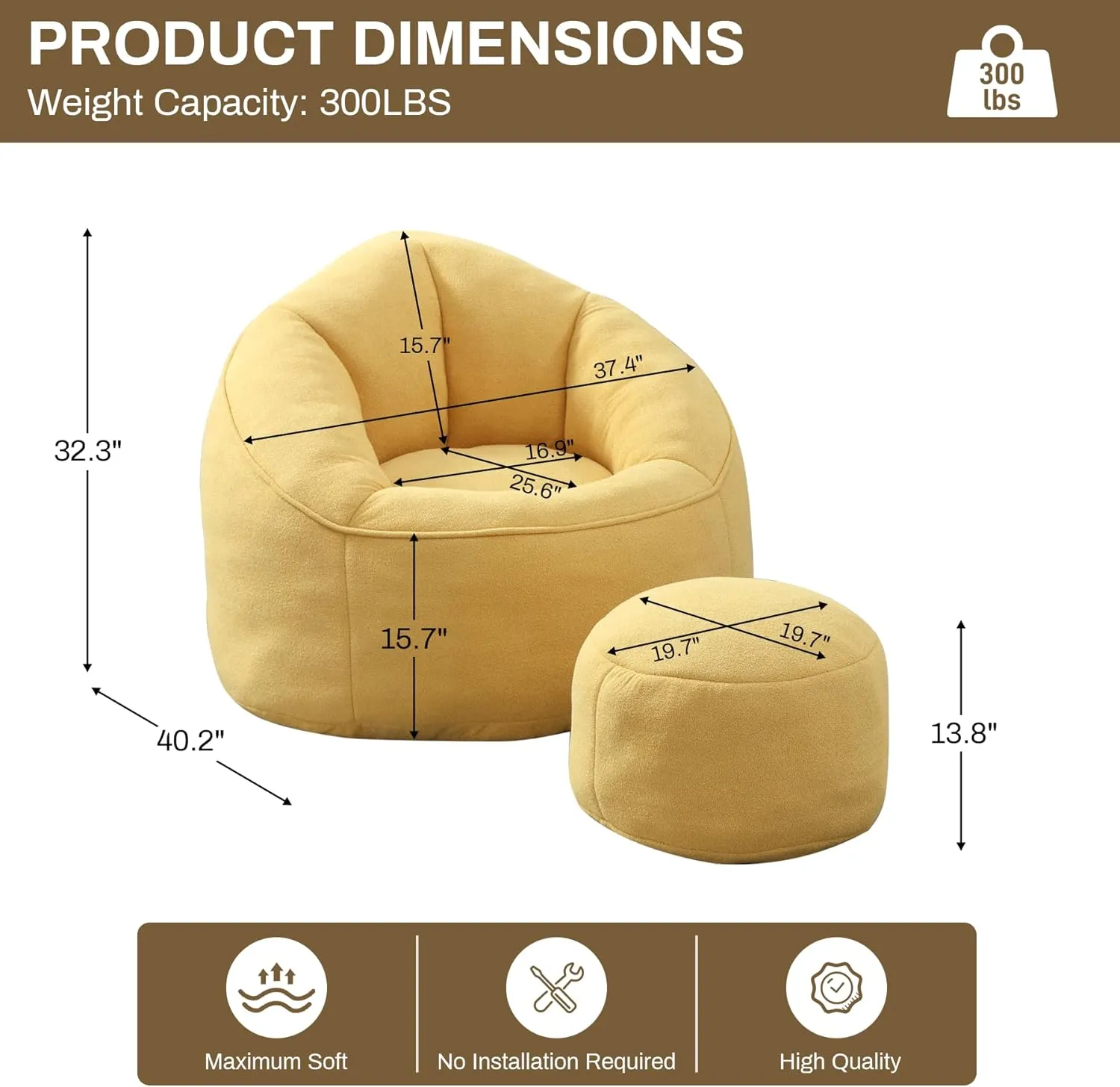 Bean Bag Sofa Chair with Ottoman, Comfy Microfiber Large Lazy Sofa with Footstool, Oversized Upholstered Fluffy Beanbag Chair with Memory Foam Filler for Living Room, Bedroom, Yellow
