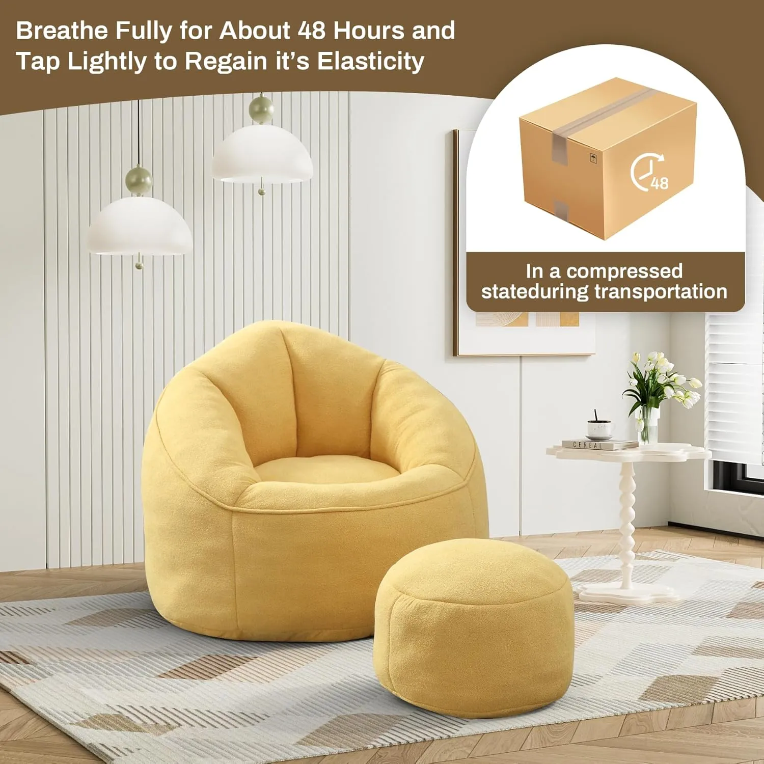 Bean Bag Sofa Chair with Ottoman, Comfy Microfiber Large Lazy Sofa with Footstool, Oversized Upholstered Fluffy Beanbag Chair with Memory Foam Filler for Living Room, Bedroom, Yellow