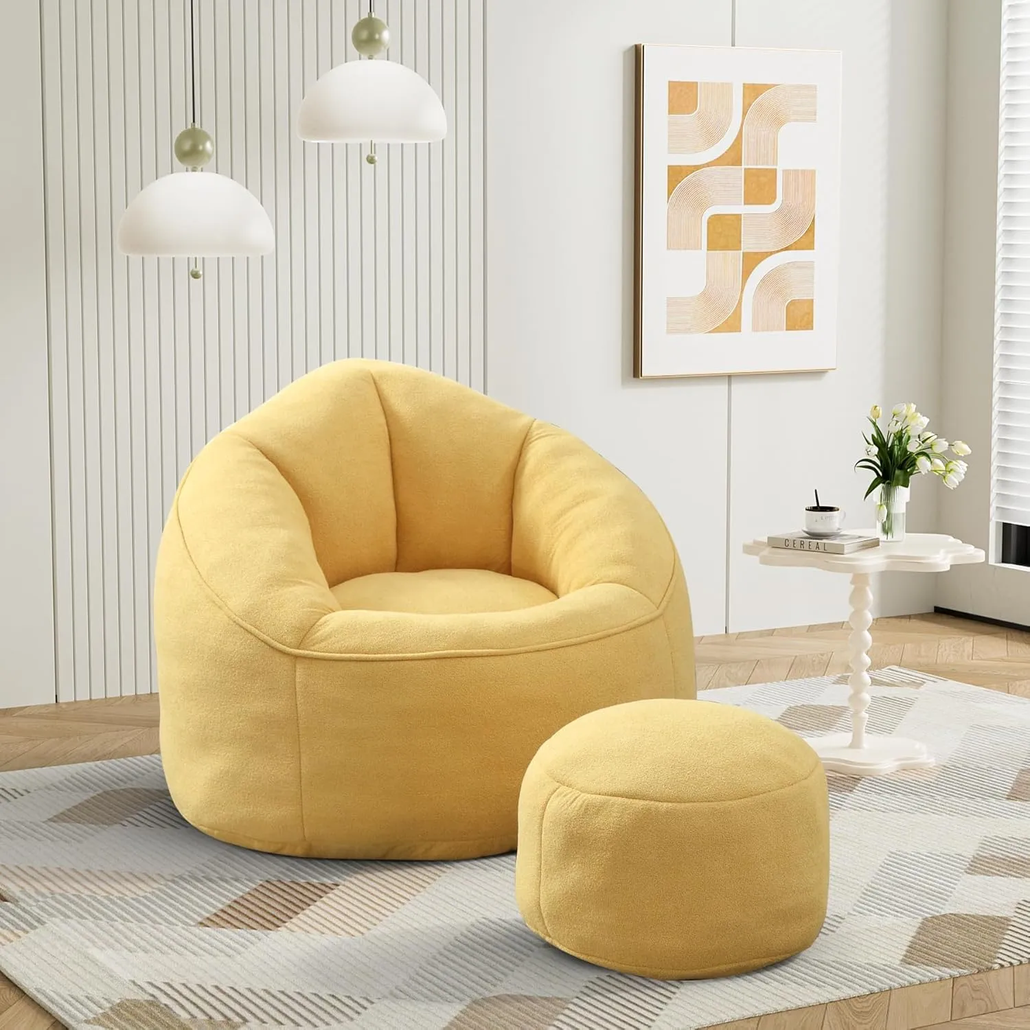 Bean Bag Sofa Chair with Ottoman, Comfy Microfiber Large Lazy Sofa with Footstool, Oversized Upholstered Fluffy Beanbag Chair with Memory Foam Filler for Living Room, Bedroom, Yellow