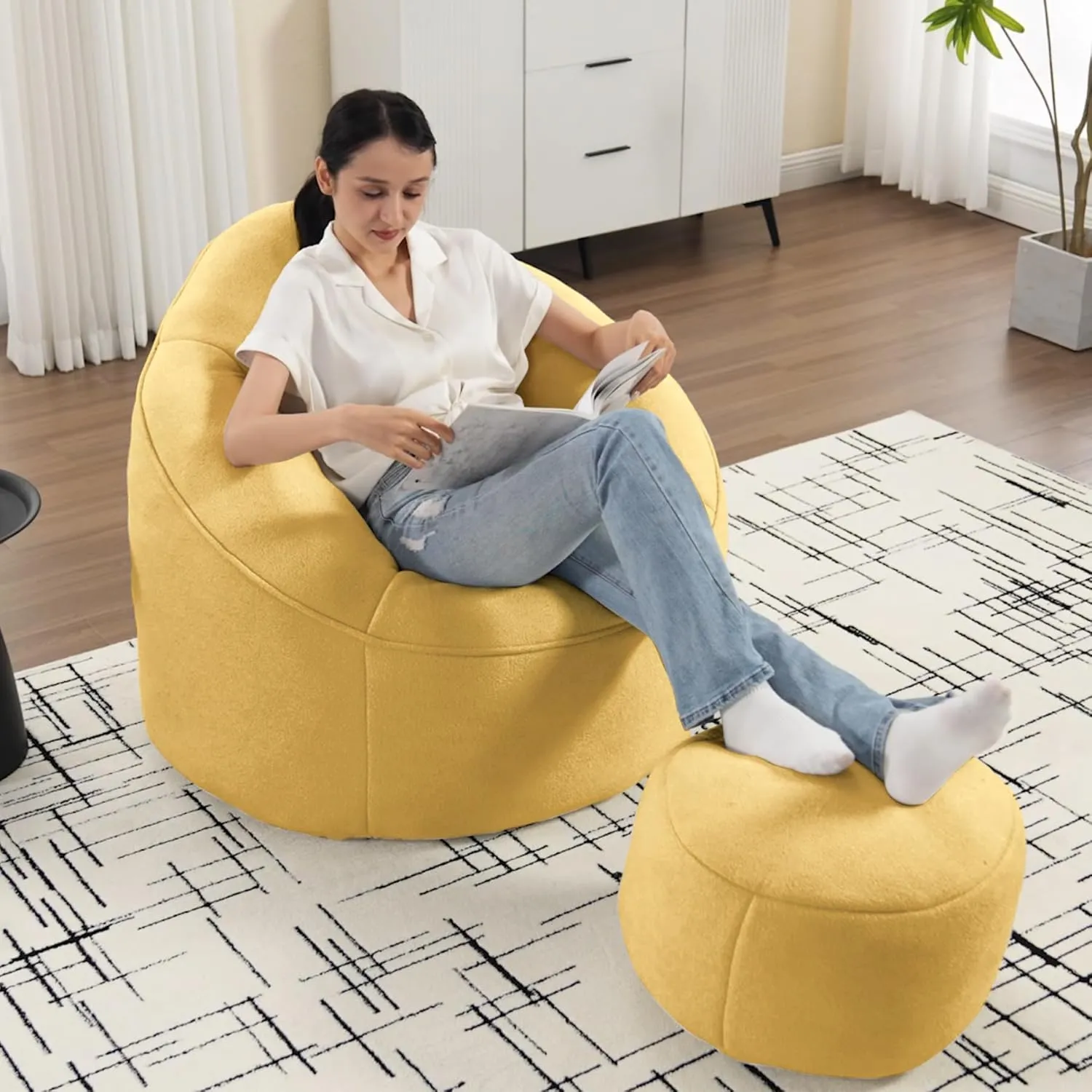 Bean Bag Sofa Chair with Ottoman, Comfy Microfiber Large Lazy Sofa with Footstool, Oversized Upholstered Fluffy Beanbag Chair with Memory Foam Filler for Living Room, Bedroom, Yellow