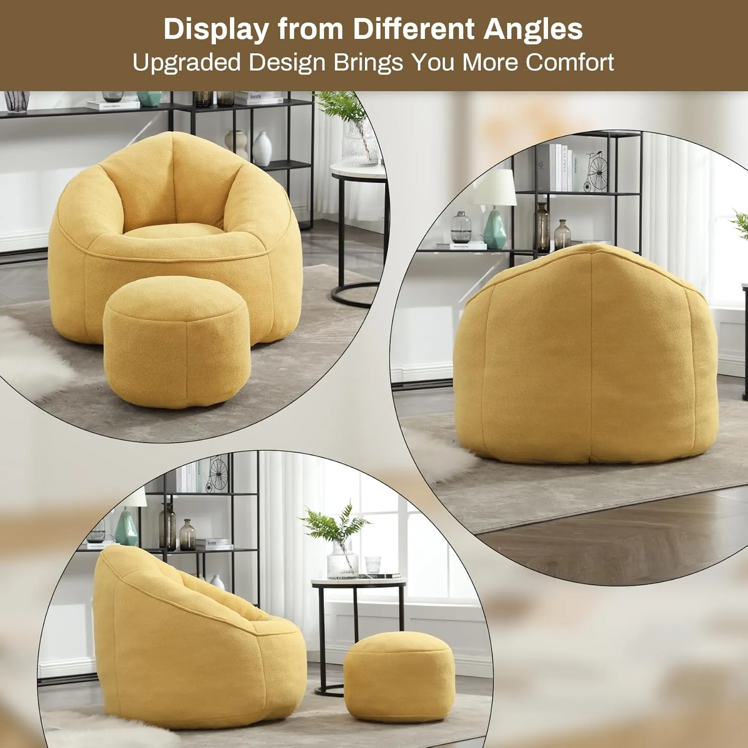 Bean Bag Sofa Chair with Ottoman, Comfy Microfiber Large Lazy Sofa with Footstool, Oversized Upholstered Fluffy Beanbag Chair with Memory Foam Filler for Living Room, Bedroom, Yellow