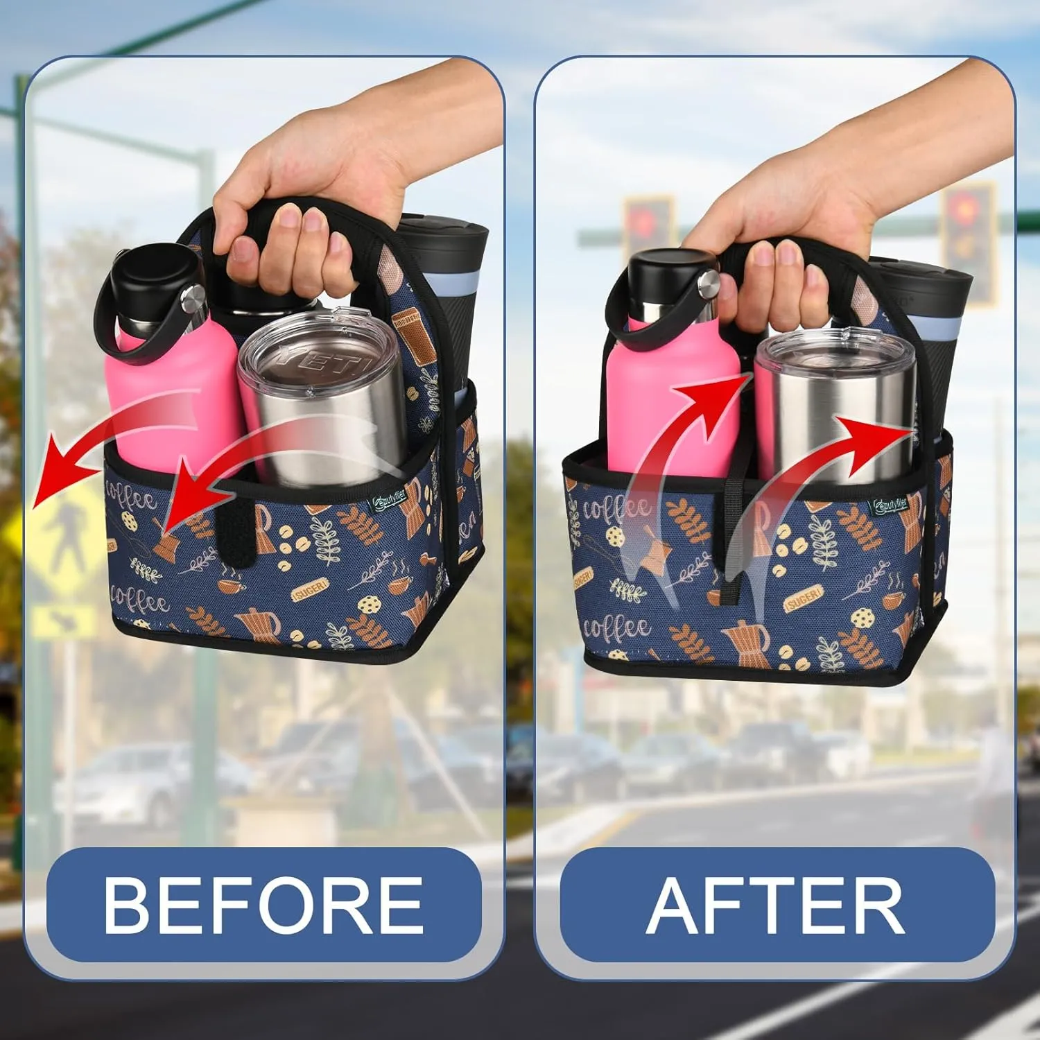 Beautyflier Reusable Insulated Coffee Cup Carrier, Portable Drink Holder with Handle Organizer Tote Bag for Hot & Cold Drinks (Blue Plants)