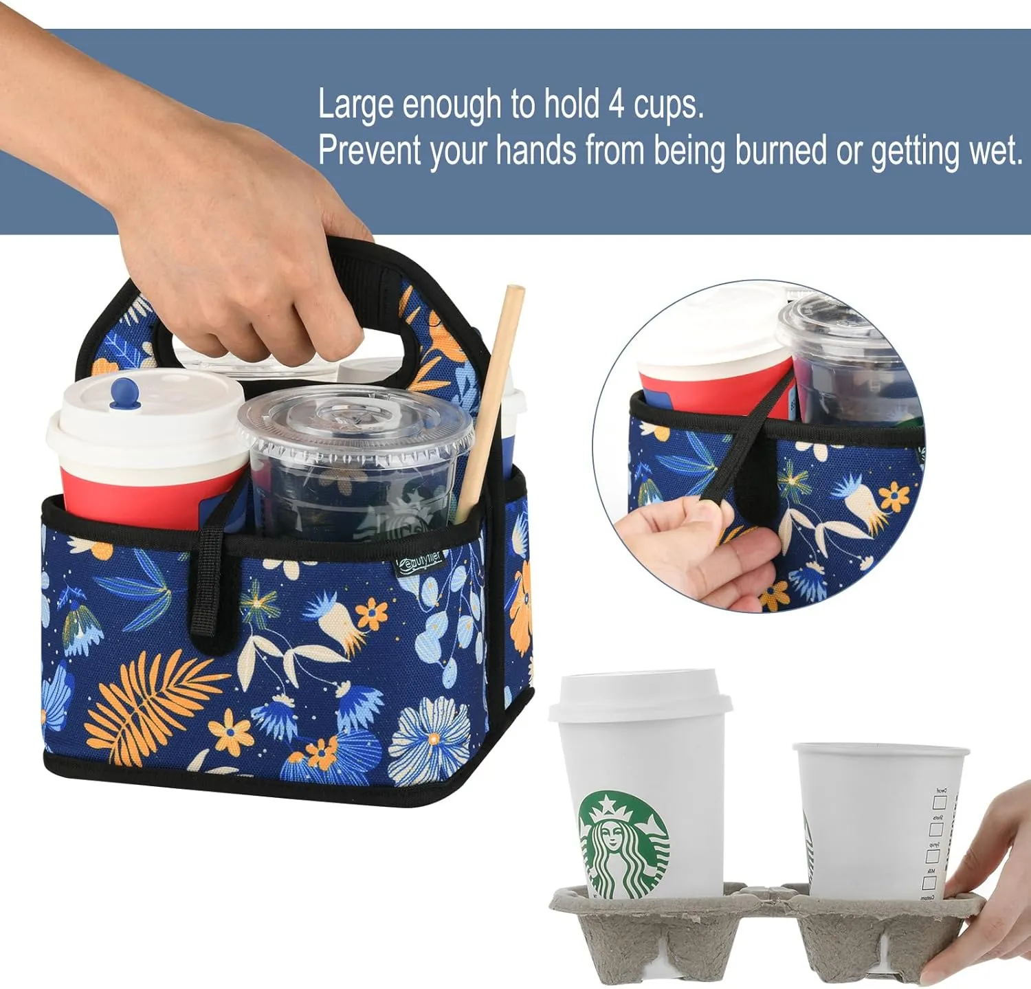 Beautyflier Reusable Insulated Coffee Cup Carrier, Portable Drink Holder with Handle Organizer Tote Bag for Hot & Cold Drinks (Blue Plants)
