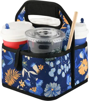 Beautyflier Reusable Insulated Coffee Cup Carrier, Portable Drink Holder with Handle Organizer Tote Bag for Hot & Cold Drinks (Blue Plants)