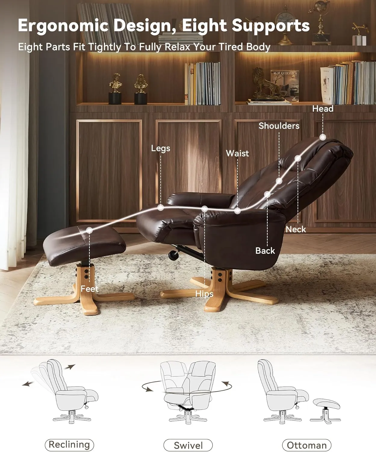 BedsPick Recliner Chair with Ottoman, 360° Swivel Reclining for Living Room Bedroom Office Rv Small Space, Comfy Modern Accent Arm Chairs, Faux Leather (Mocha)