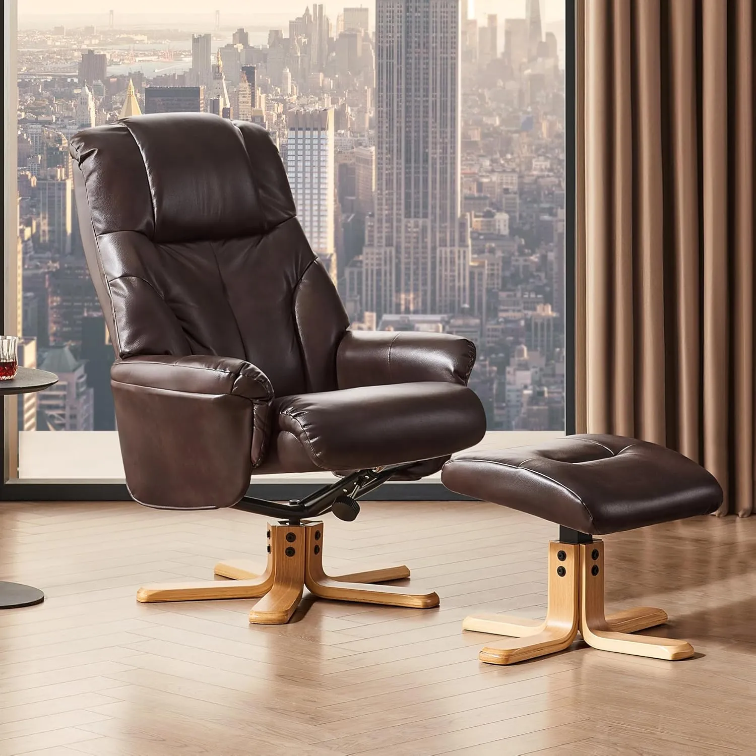 BedsPick Recliner Chair with Ottoman, 360° Swivel Reclining for Living Room Bedroom Office Rv Small Space, Comfy Modern Accent Arm Chairs, Faux Leather (Mocha)
