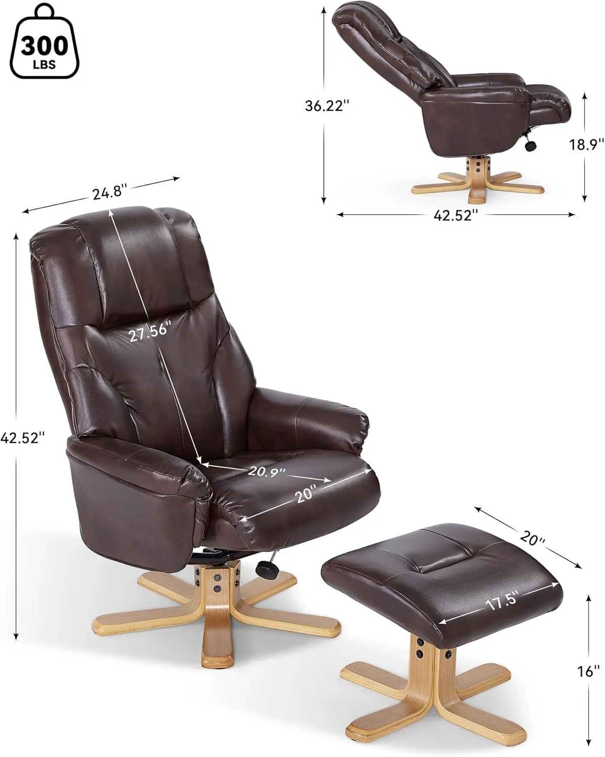BedsPick Recliner Chair with Ottoman, 360° Swivel Reclining for Living Room Bedroom Office Rv Small Space, Comfy Modern Accent Arm Chairs, Faux Leather (Mocha)